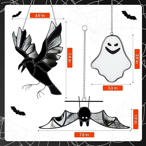 Miniatura 5 de Soaoo 3 piezas de vidrieras de Halloween para colgar en la ventana de murciélagos, decoración de Halloween, decoración de cuervo colgante de