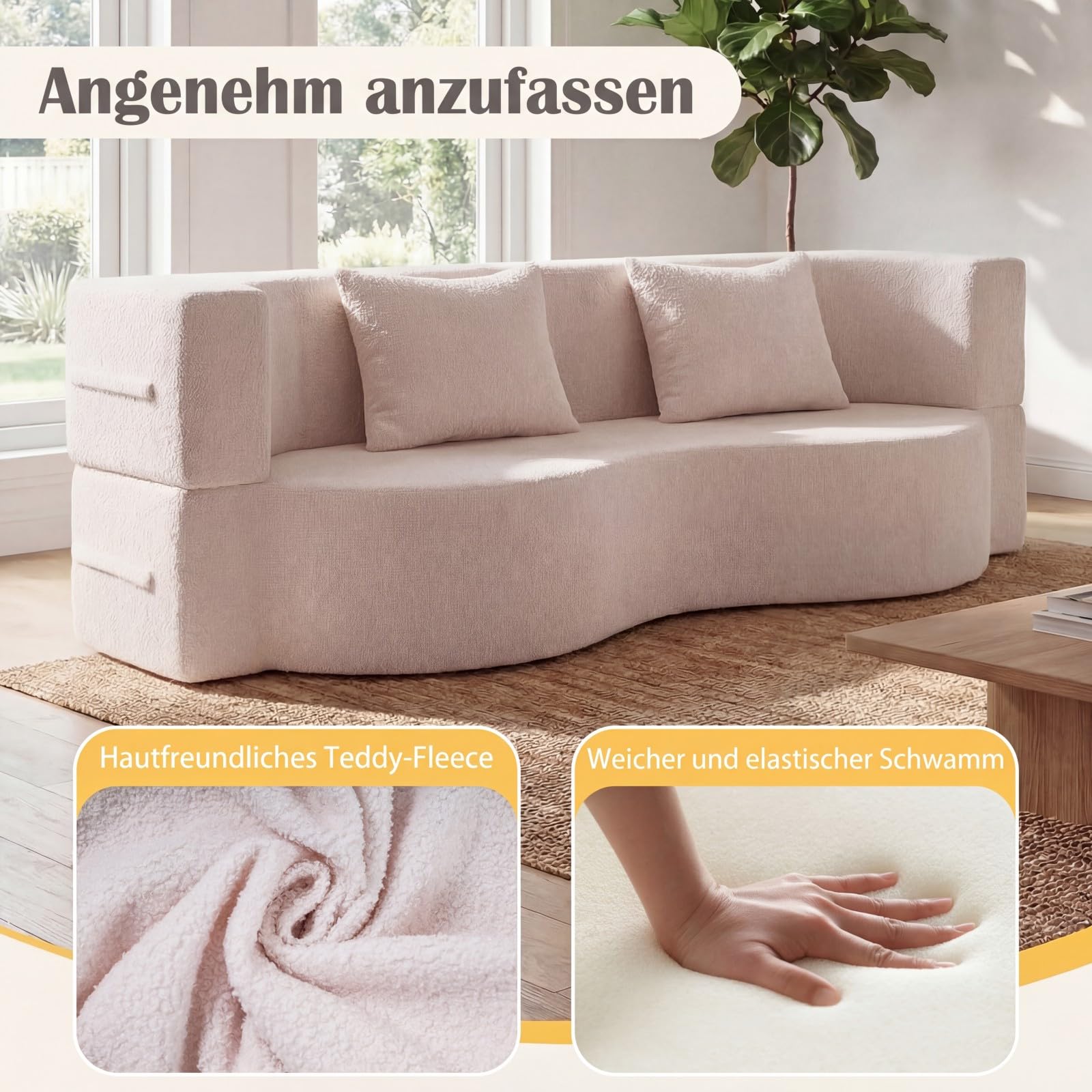 COSTWAY sofa rozkładana, bezresorowe sofa do spania z 2 wygodnymi poduszkami i pianką memory, sofa z podłogą z pluszowym polarem z funkcją spania, sofa do spania do salonu, do pokoju gościnnego