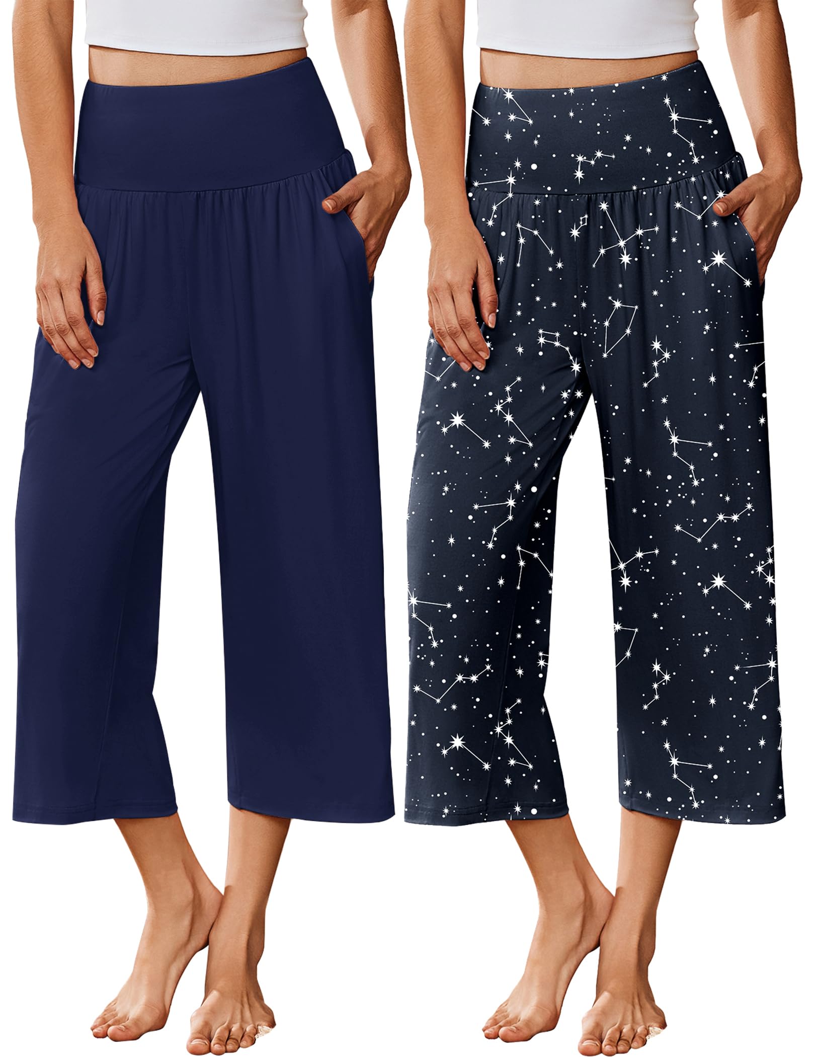 Photo 1 of Ekouaer 2 Pack Womens Pajama Pants 2026 Wide Leg Capri Yoga Pants Lounge Comfy Sleep Pj Bottoms with Pockets