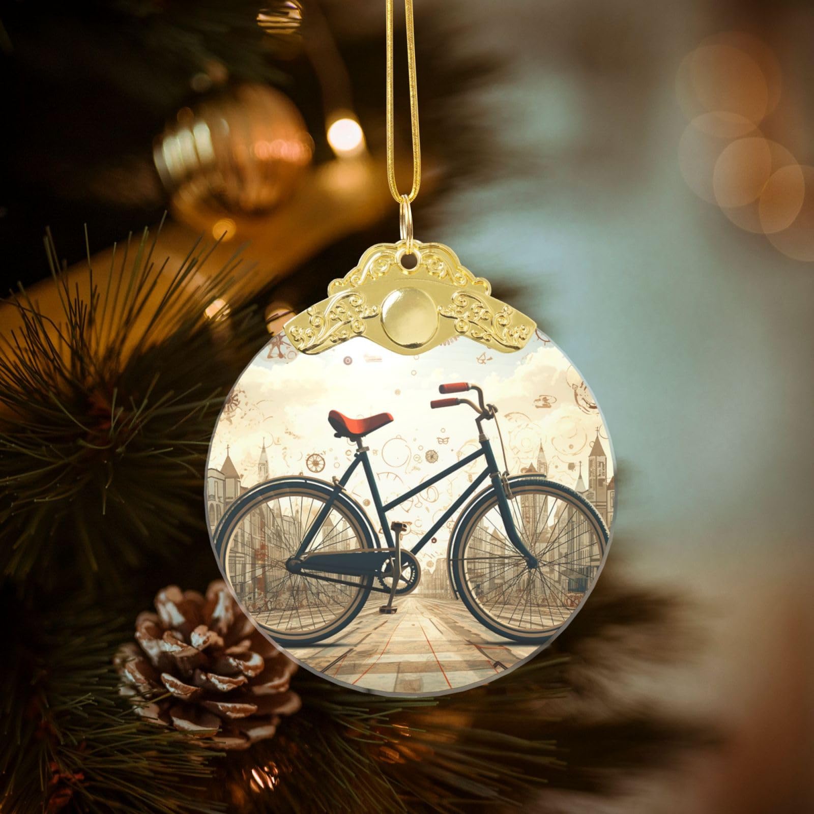 Crystal Christmas Ornaments for Christmas Tree Decoration Hanging Retro Bicycle Ornament with Gold Ribbon Crafts Round Pendant for Keepsake Gifts Glass Xmas Decor Party Supplies