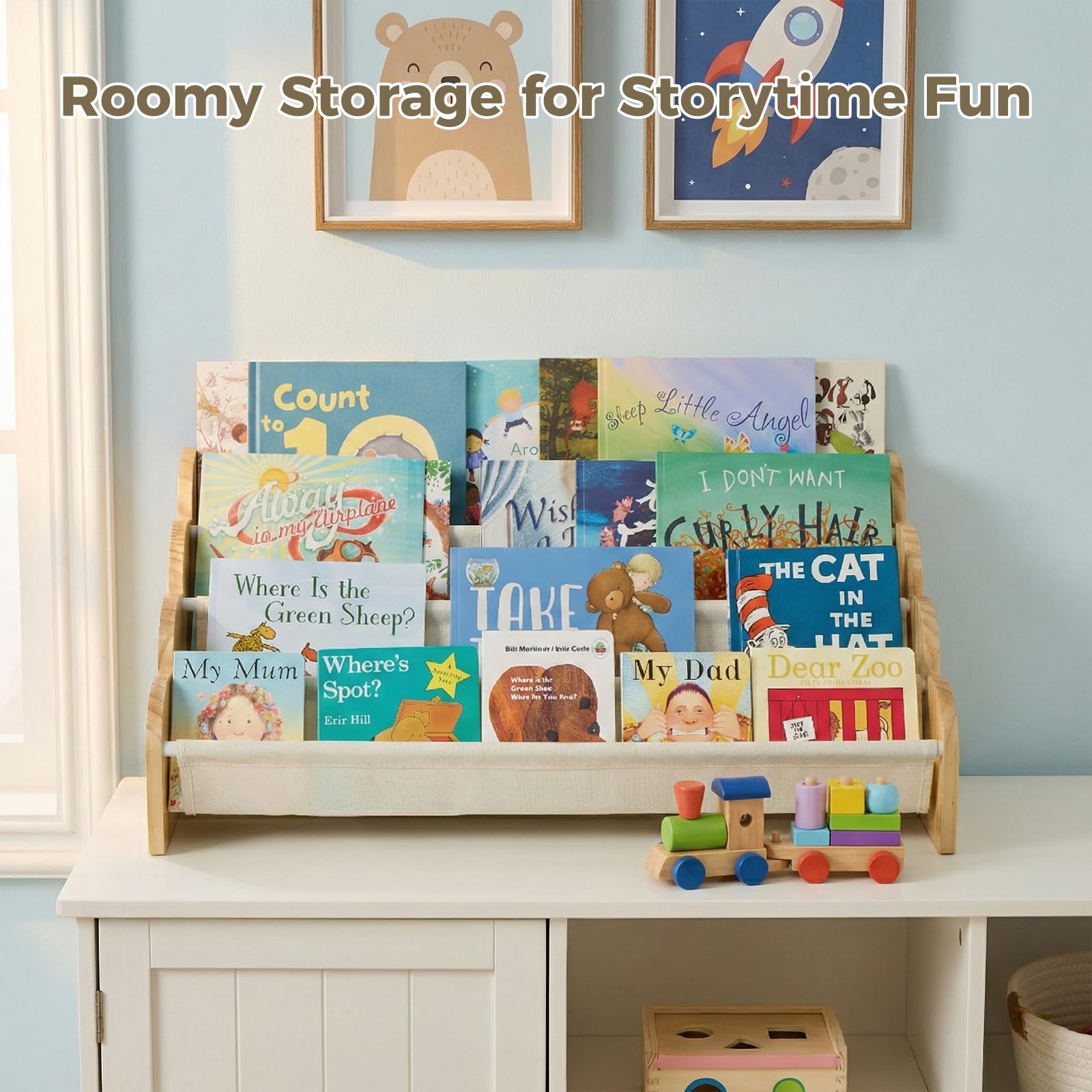 Puricon Libreria per bambini a 4 ripiani, Scaffale per libri per bambini piccoli con ripiani profondi e bordo ondulato, Libreria frontale a fascia per cameretta, asilo nido - Beige
