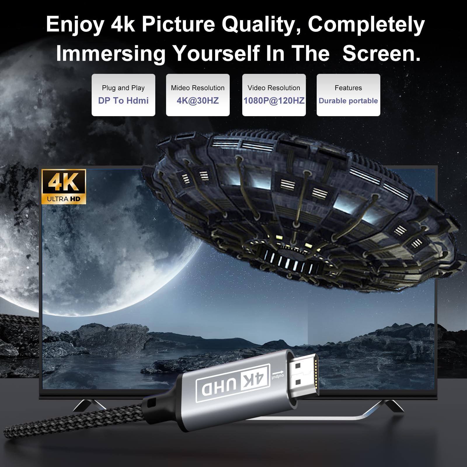 Kabel Displayport HDMI, Displayport 4K do HDMI 1M, jednokierunkowy DP do HD MI, nylonowy pleciony port HD MI kompatybilny z komputerami stacjonarnymi, laptopami, komputerami, Dell, HP, HDTV