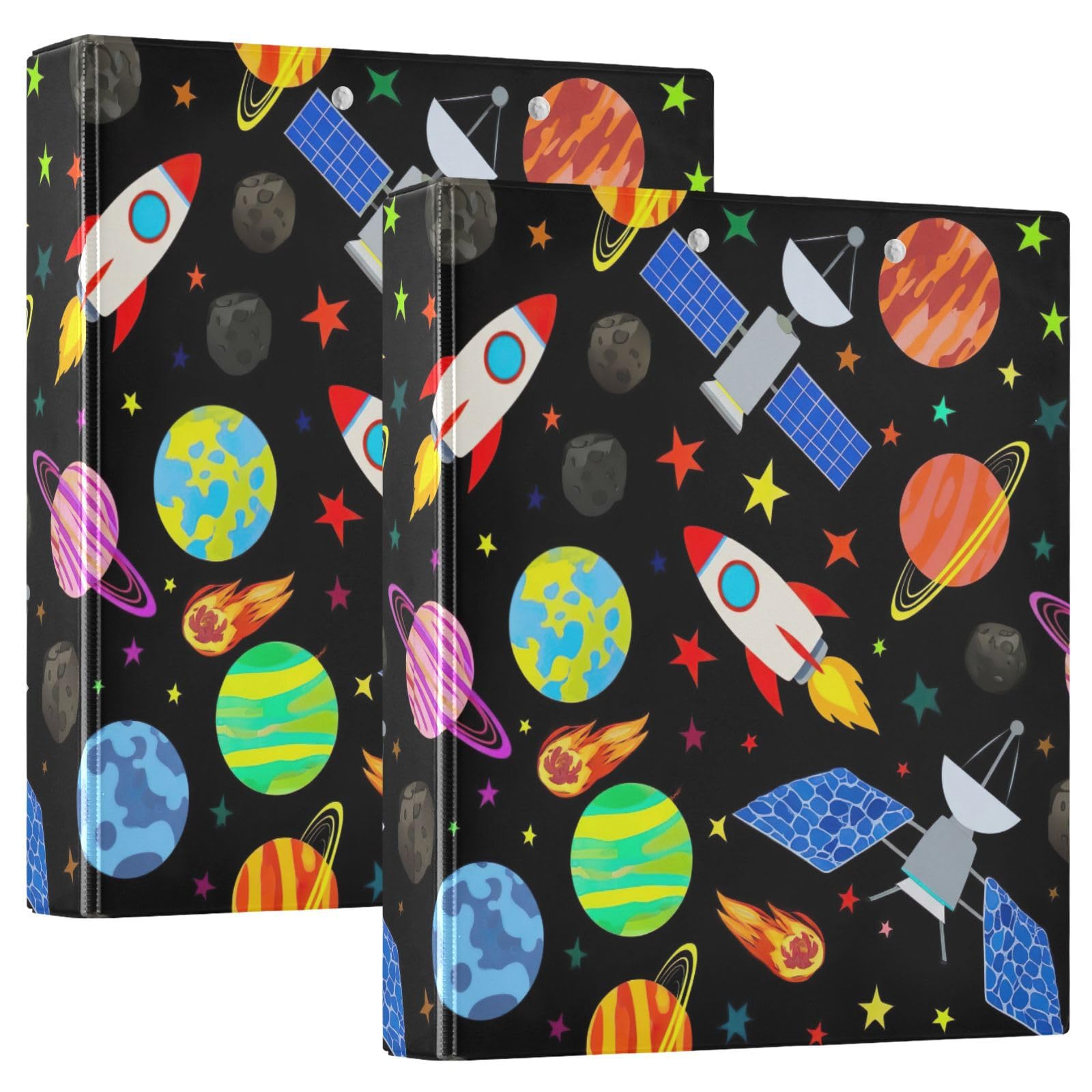 Cute Cartoon Rockets Black 3 Ring Binder, Flexible D Ring Binder with Pockets, 3 Ring Binders for School, College, Office (2 Pack)