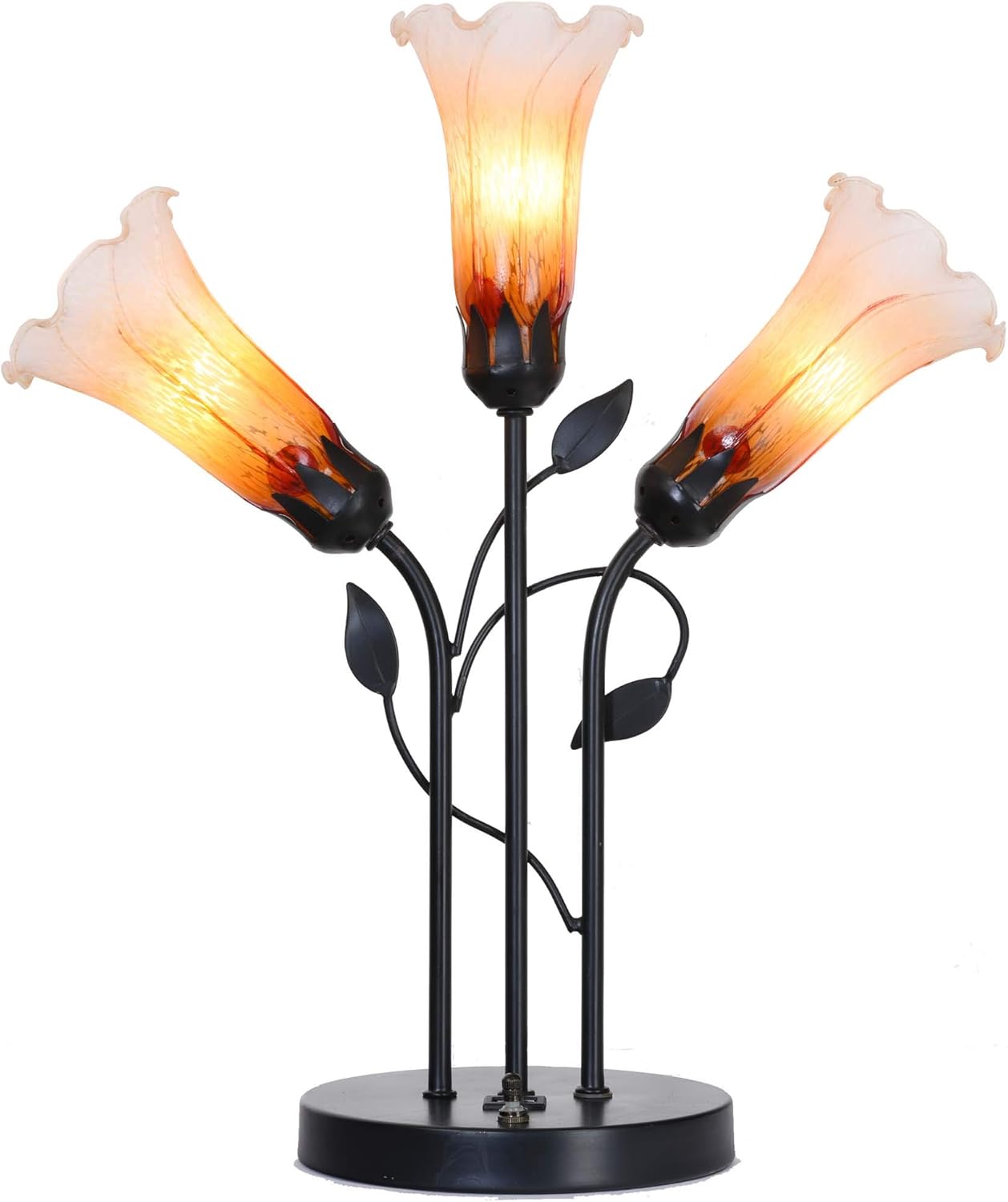 Bieye L10788 Lily Flower Tiffany Blown Glass Table Lamp with 2 USB Ports 3 Lights Rotary Switch and in-line Switch for Living Room Bedside Home Decoration, 15 inches Wide, 18.5 inches Tall