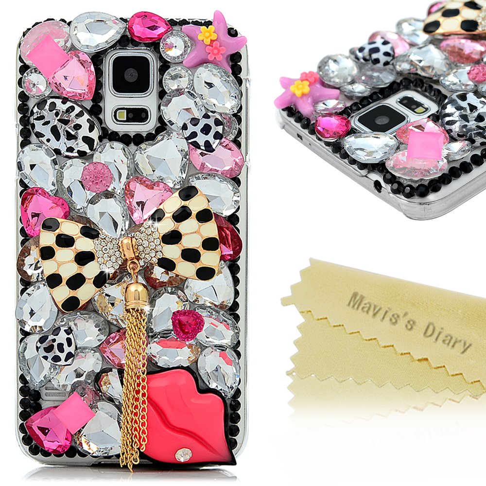 S5 Case,Galaxy S5 Case - Mavis's Diary 3D Handmade Bling Crytal Fashion Bow with Tassel Sexy Lips Shiny Rhinestone Sparkle Diamonds Design Clear Case Hard PC Cover for Samsung Galaxy S5 I9600 SM-G900