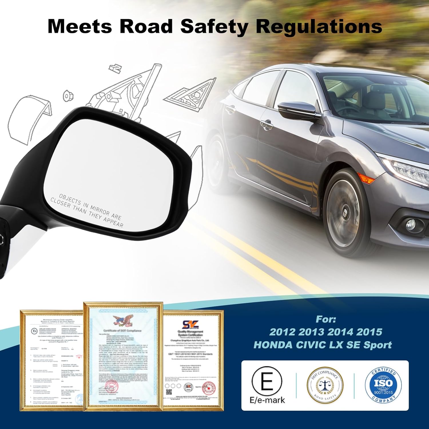 Right Passenger Side Mirror For (2012 2013 2014 2015) HONDA CIVIC with Power Mirror Manual Folding丨Without Turn Signal Light Non-Heated Match to White Replace#76202TR0A01(3 Pins)
