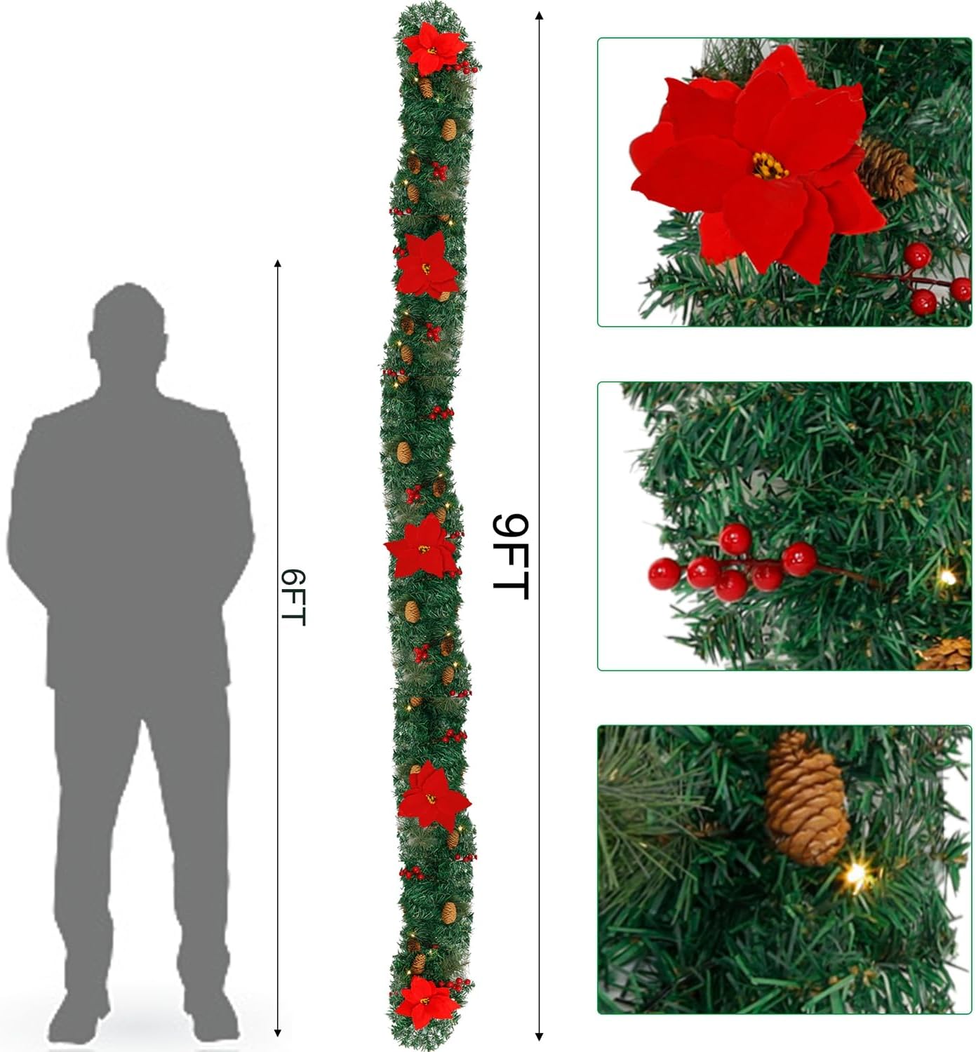Hausse 9 FT Pre-lit Christmas Garland, Lighted Artificial Xmas Garlands Decorations Greenery with Poinsettia Berries Cones, LED Lights with Timer, Light Up for Indoor Outdoor Home Gate Garden Decor