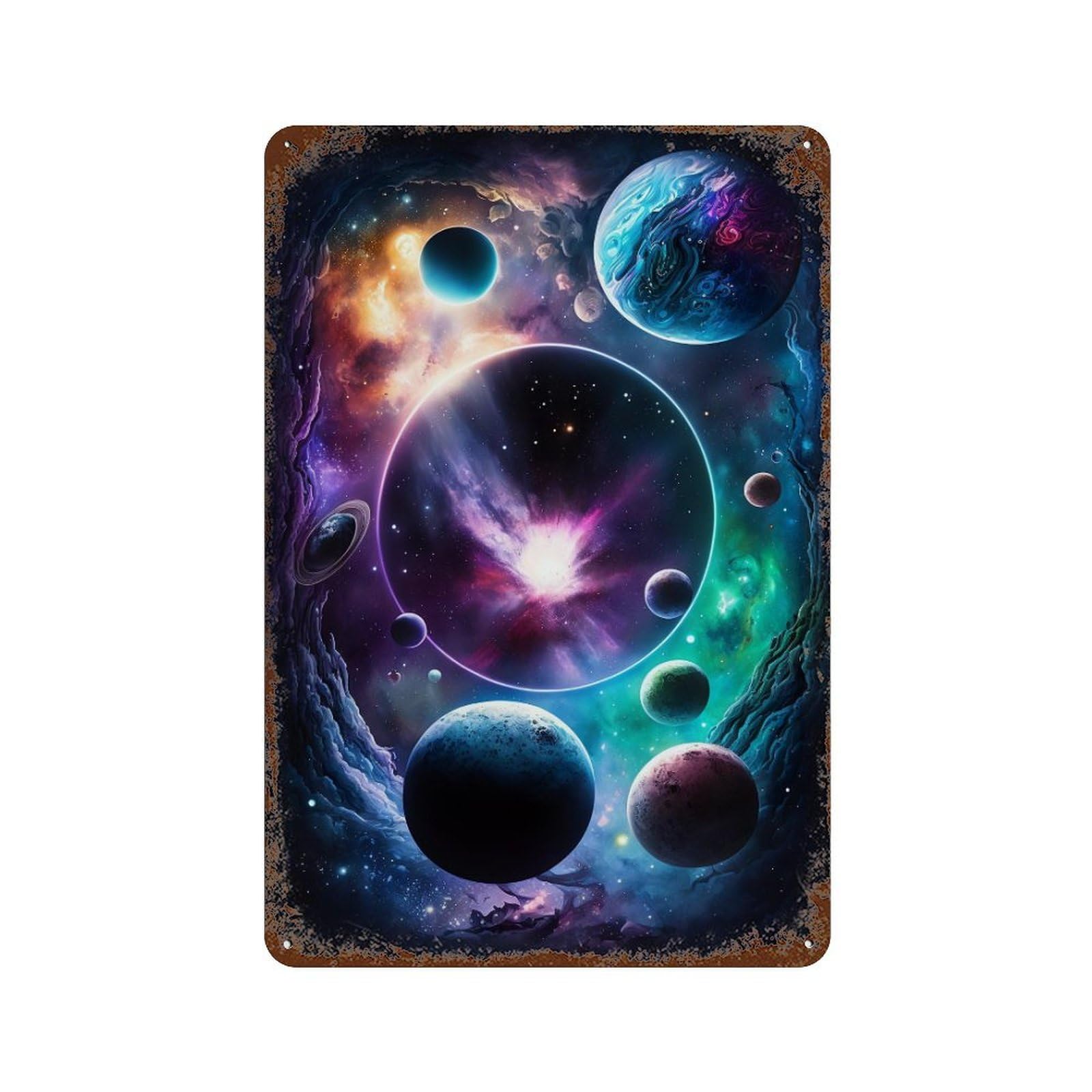 Rust Effect Cosmic Planets Artwork Decorative Tin Sign 11.8"x7.9", Farmhouse Wall Decor for Patio, Garden Room And Bar Decor