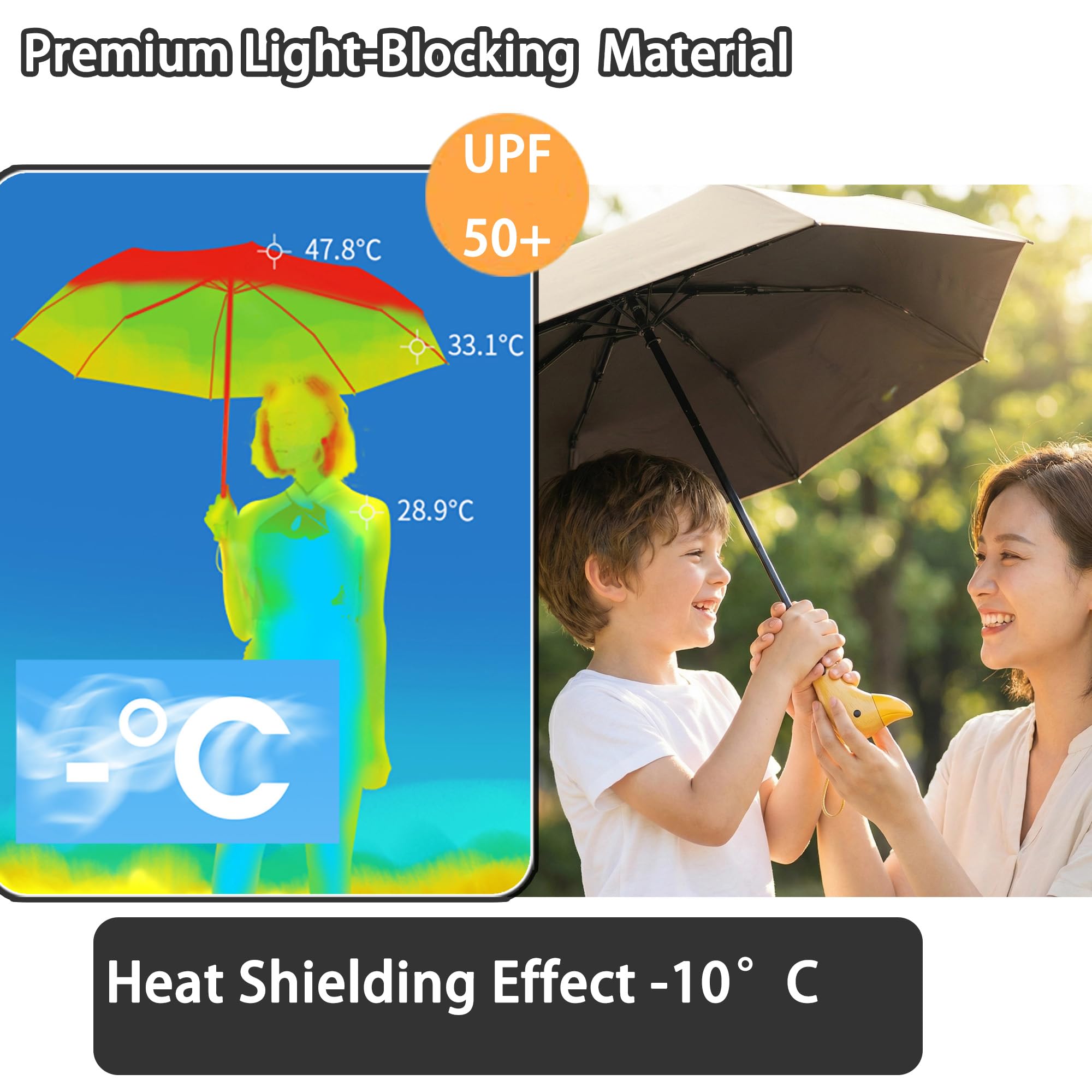 Parapluie Pliant de Voyage avec Poignée en Bois en Forme de Canard Mignon,Pluie/Soleil, UPF 50+, Protection UV, Femmes/Enfants, Sac à Dos/Voiture, Léger, Portable, Robuste et Pliable, 8 Baleines