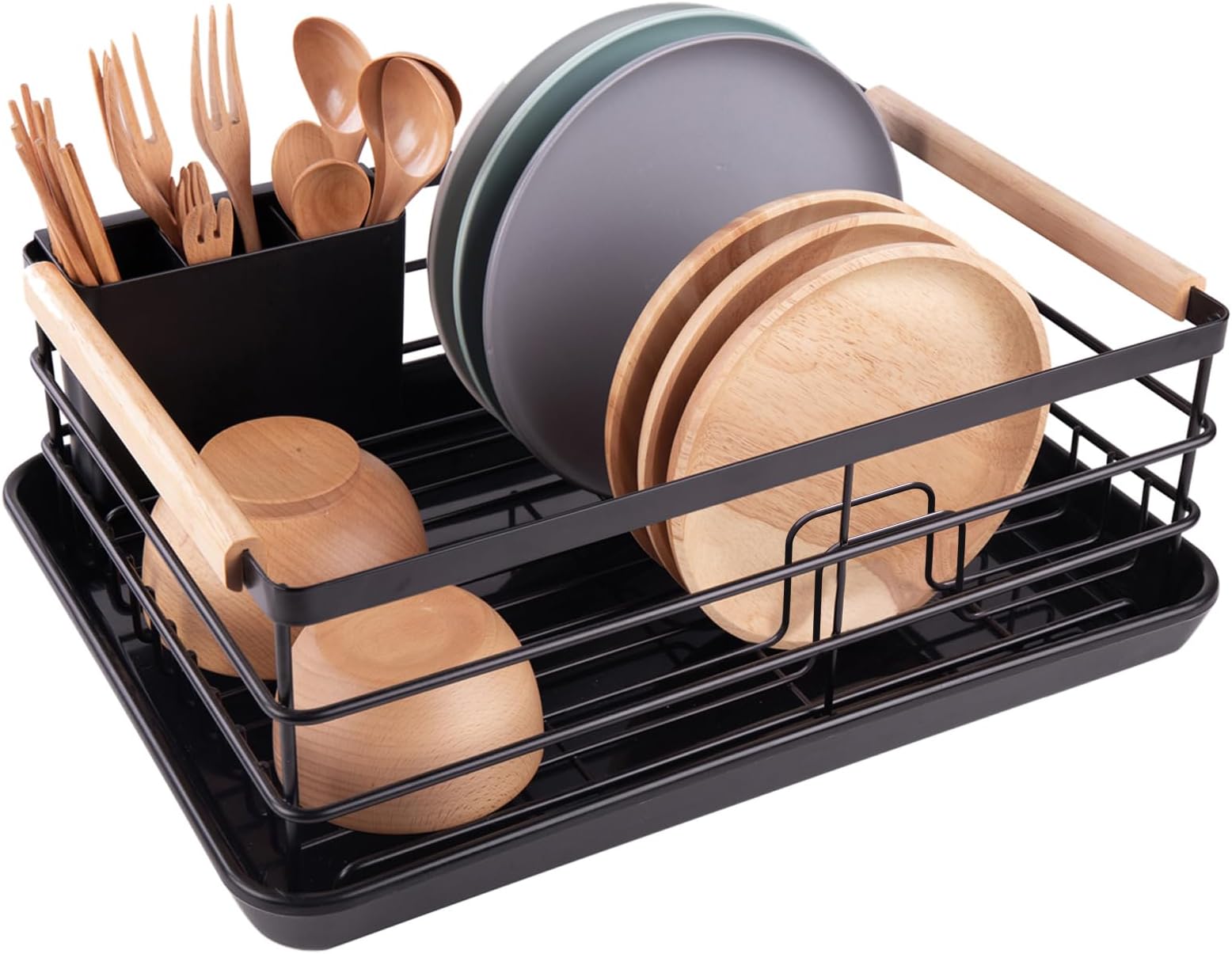 Dish Drying Rack, Dish Racks for Kitchen Counter, Stainless Steel Dish Drainer with Removable Cutlery Holder & Drainboard, Black