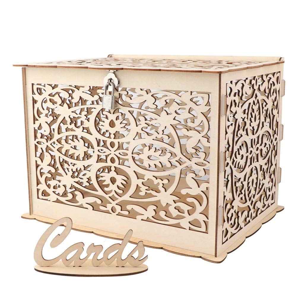 Aotoer Rustic Hollow Wedding Card Box Wooden Wedding Post Box with Lock and Card Sign for Wedding Reception and Baby Shower Parties
