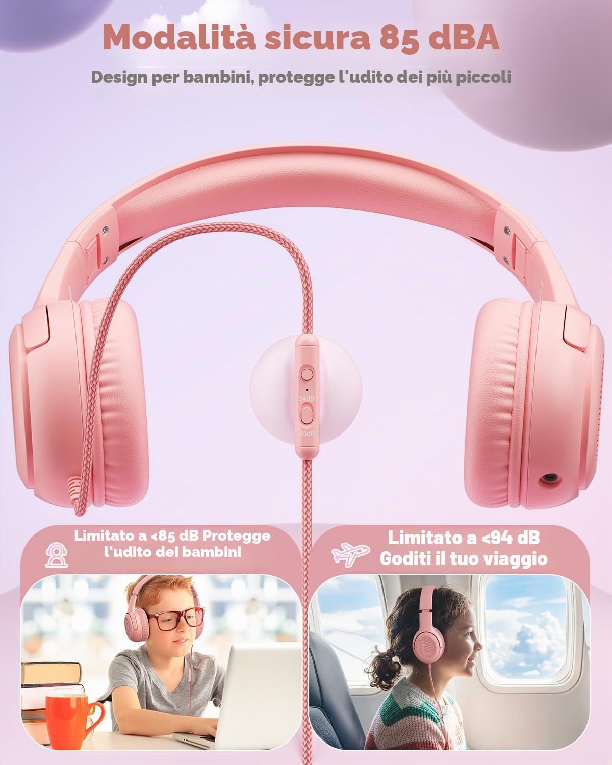 Cuffie per Bambini con Microfono, Limitazione Volume 85/94 dB, Jack 3,5 mm, Design Pieghevole, On-ear (Rosa)