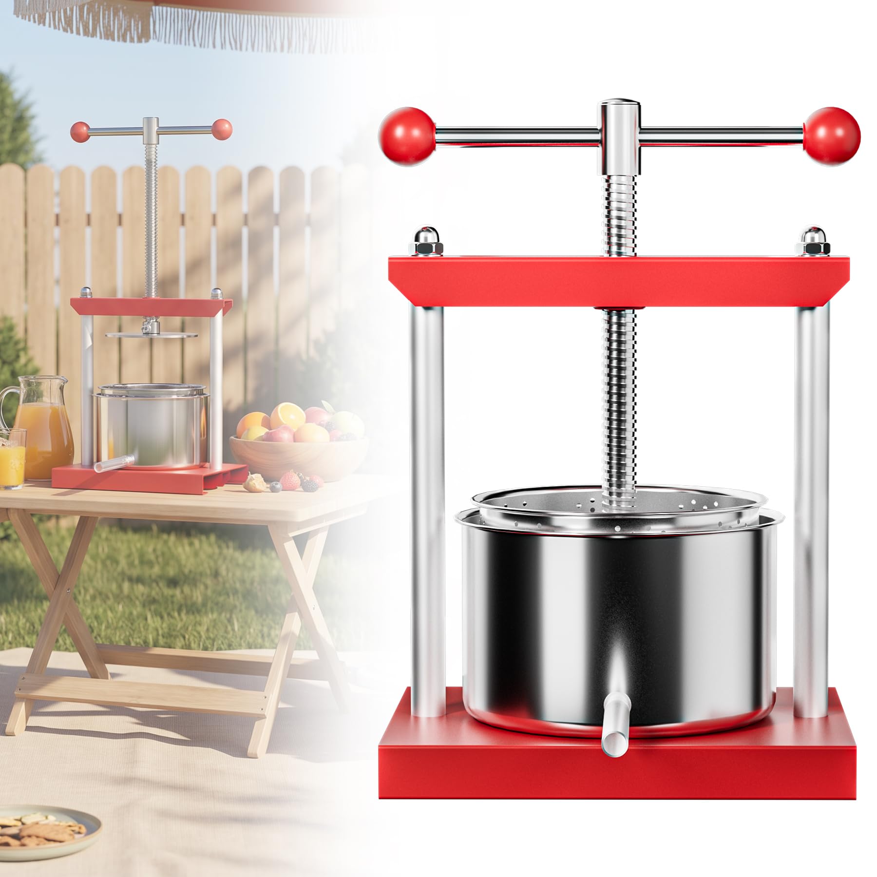 Froadp Manuelle Saftpresse Obstpresse Edelstahl 3L Rot