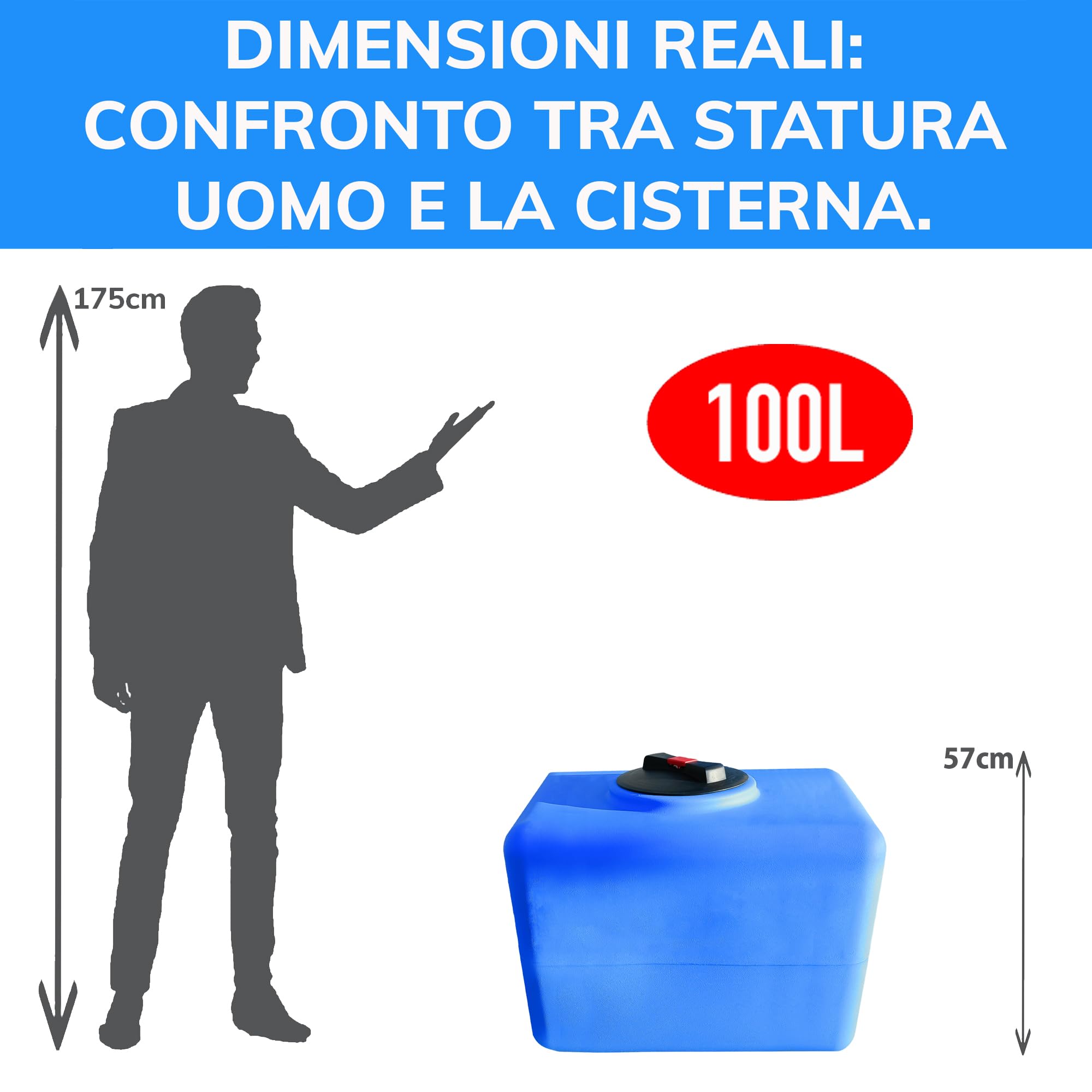 ESTO Serbatoio Acqua Potabile 100L - 200L - 300L - 500 L Polietilene Per Raccolta Acqua, Cisterna Esterno Blu, con Pompa e Press Control Pressostato (Solo Serbatoio, 100 Litri)