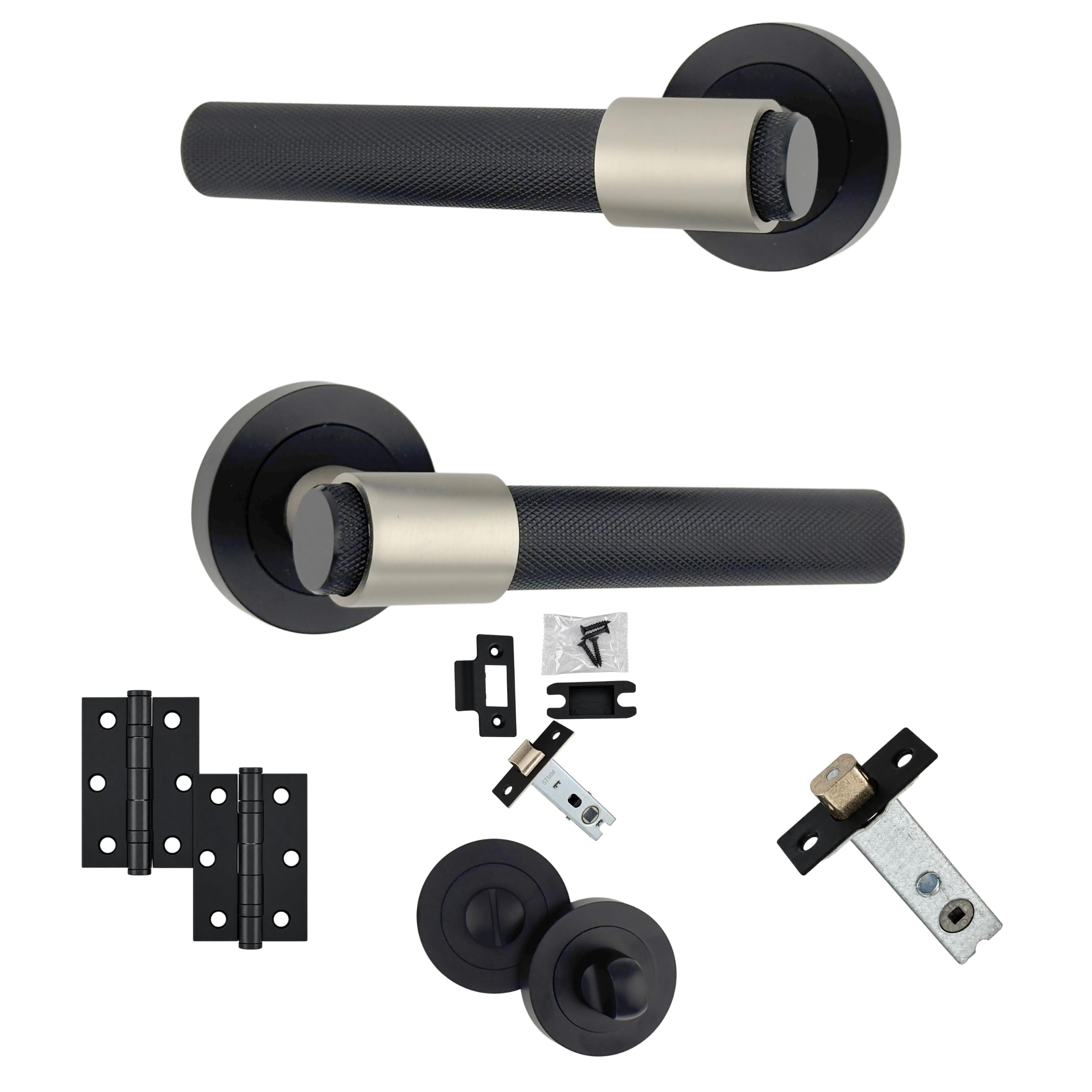 AXS Dakota Internal Door Handles on Rose – Lever Handle Pair for Wooden Doors – Modern Concealed Fix – Fits Standard UK Tubular Latch (Black, Bathroom Door Pack - 57mm Backset)