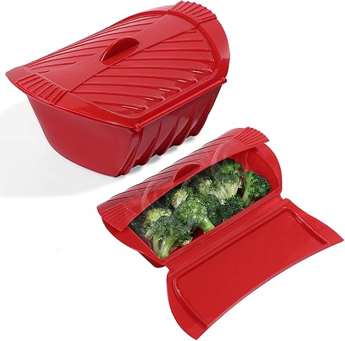 Juego de 2 vaporizadores de verduras para microondas, vaporizador de silicona con bandeja de drenaje para cocinar alimentos frescos congelados y