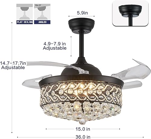Miniatura 2 de DuMaiWay Ventilador de techo moderno de 36 pulgadas con aspas retráctiles negras con luces, lámparas regulables, kit de luz de ventilador de araña