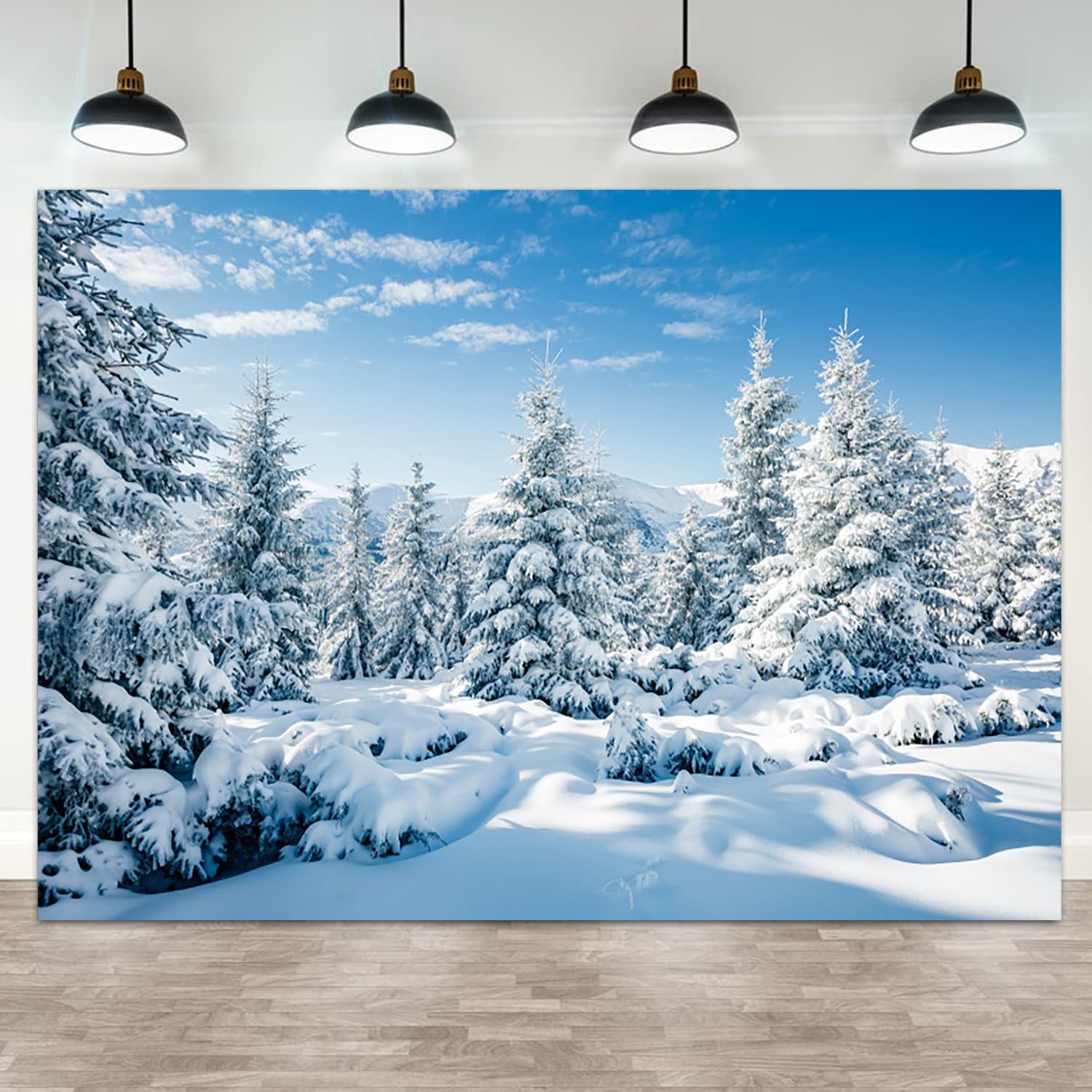 3 x 2,4 m Inverno Paese delle Meraviglie Sfondo Neve Foresta Fotografia di Natale Sfondo Bianco Scena innevata Pini Blu Cielo Nuvola Banner Decorazioni Natale Capodanno Vacanze Festa Photo
