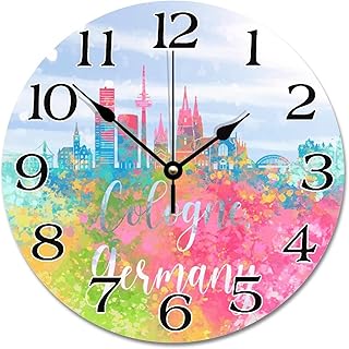Germany Skyline Rainbow Silhouette Wall Clock Germany Cologne Cityscape Wall Clocks Battery Operated 10 Inch Quiet Non-Ticking Farmhouse Hanging Clock Wall Decor Gift for Foreign Friend