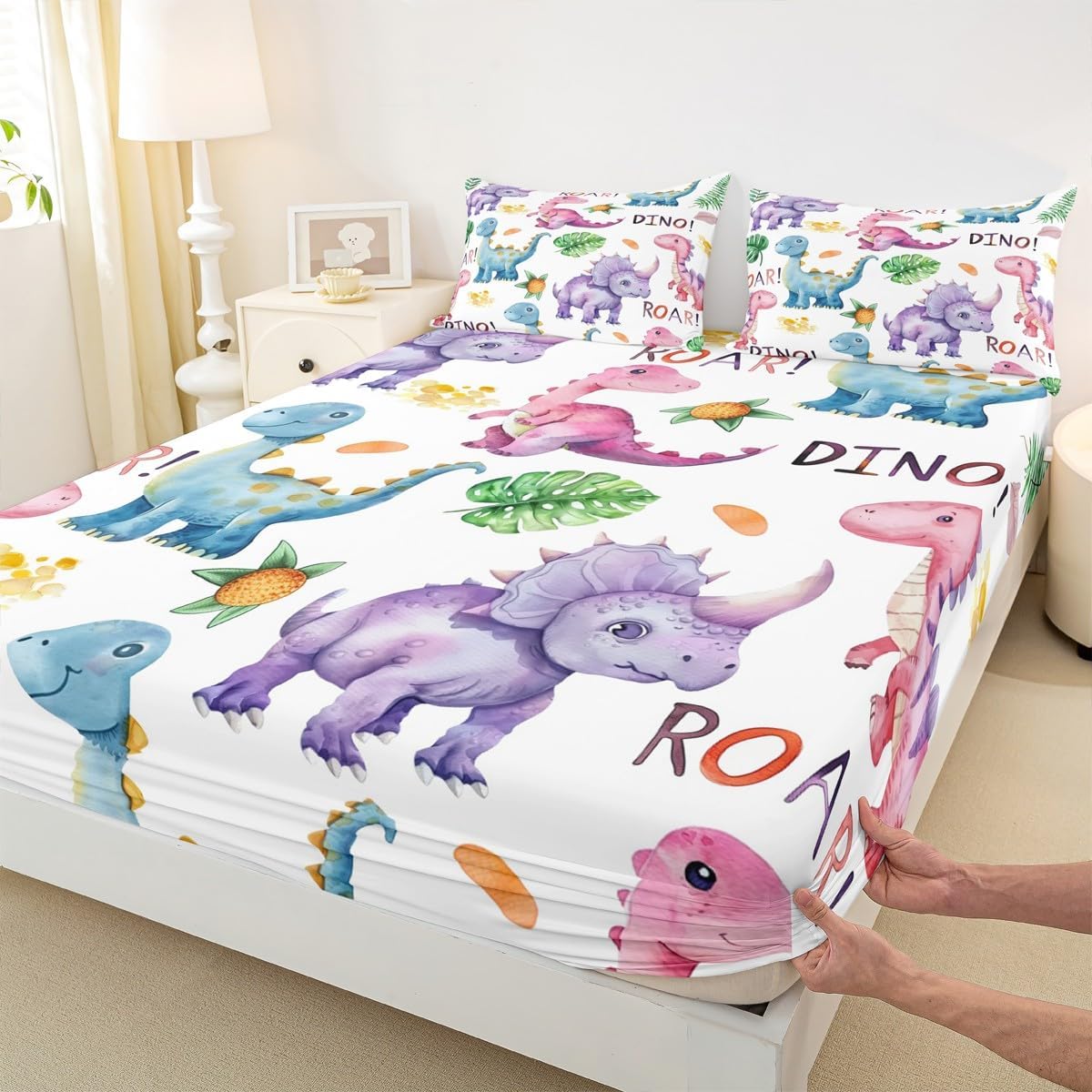 Colorful Dinosaurs Full Size Fitted Sheet,Cartoon Dinosaur Jungle Wild Animal 3 Pieces Kids Teenager Room Decor Tropical Palm Leaves Eggs Botanical Pocket 2 Pillowcases