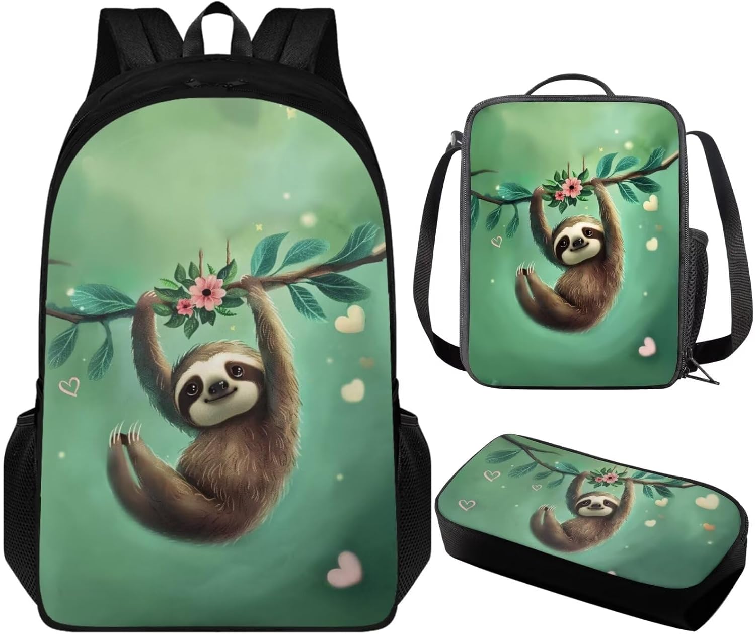 Sloth Backpack for Girls 7 Years Preschool Backpack and Lunch Box Set Cute 3 in 1 Kids Teens Elementary Middle School Bags Daycare Bookbag with Lunch Bag Pencil Case Green