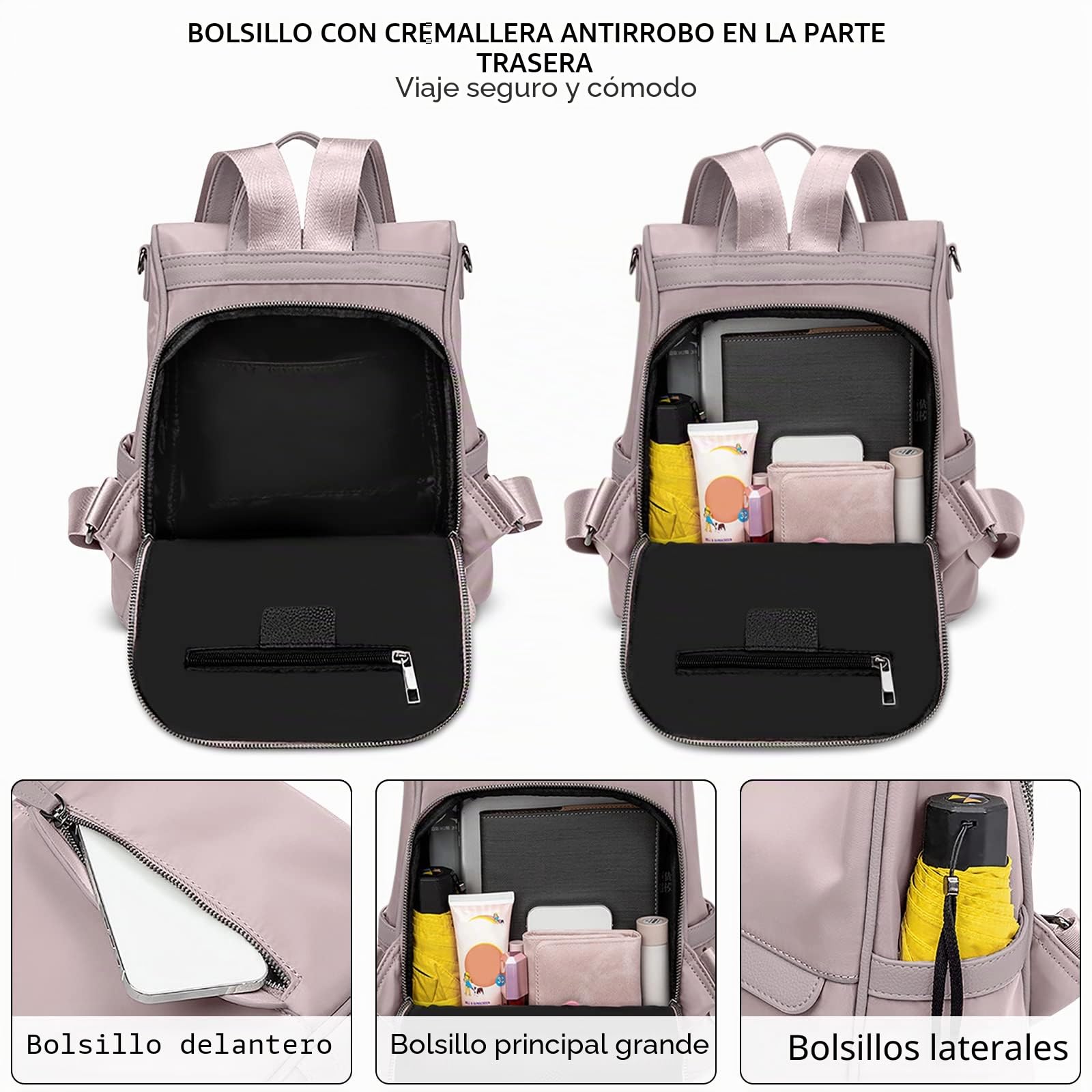 Moda Mochila de Mujer Antirrobo Bolso Mochila Ligera Casual Viaje Bandoleras Vacaciones Bolso de la Universidad Impermeable Nailon Mochila de Señoras Rosado Morado