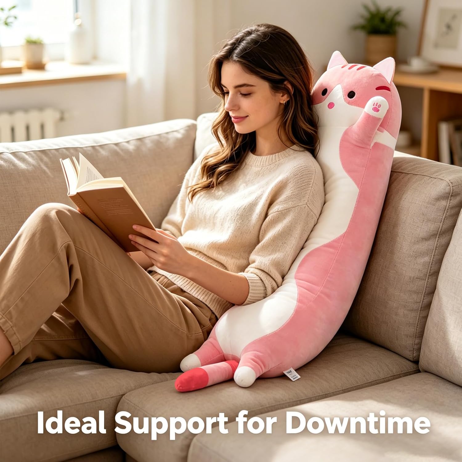shangman Lovely Plush Cat Doll Cute Cartoon Soft Stuffed Kitten, Long Throw Sleeping Pillow, Toy Gift for Kids Girlfriend Multiple Size (Pink,90cm/35.4in)