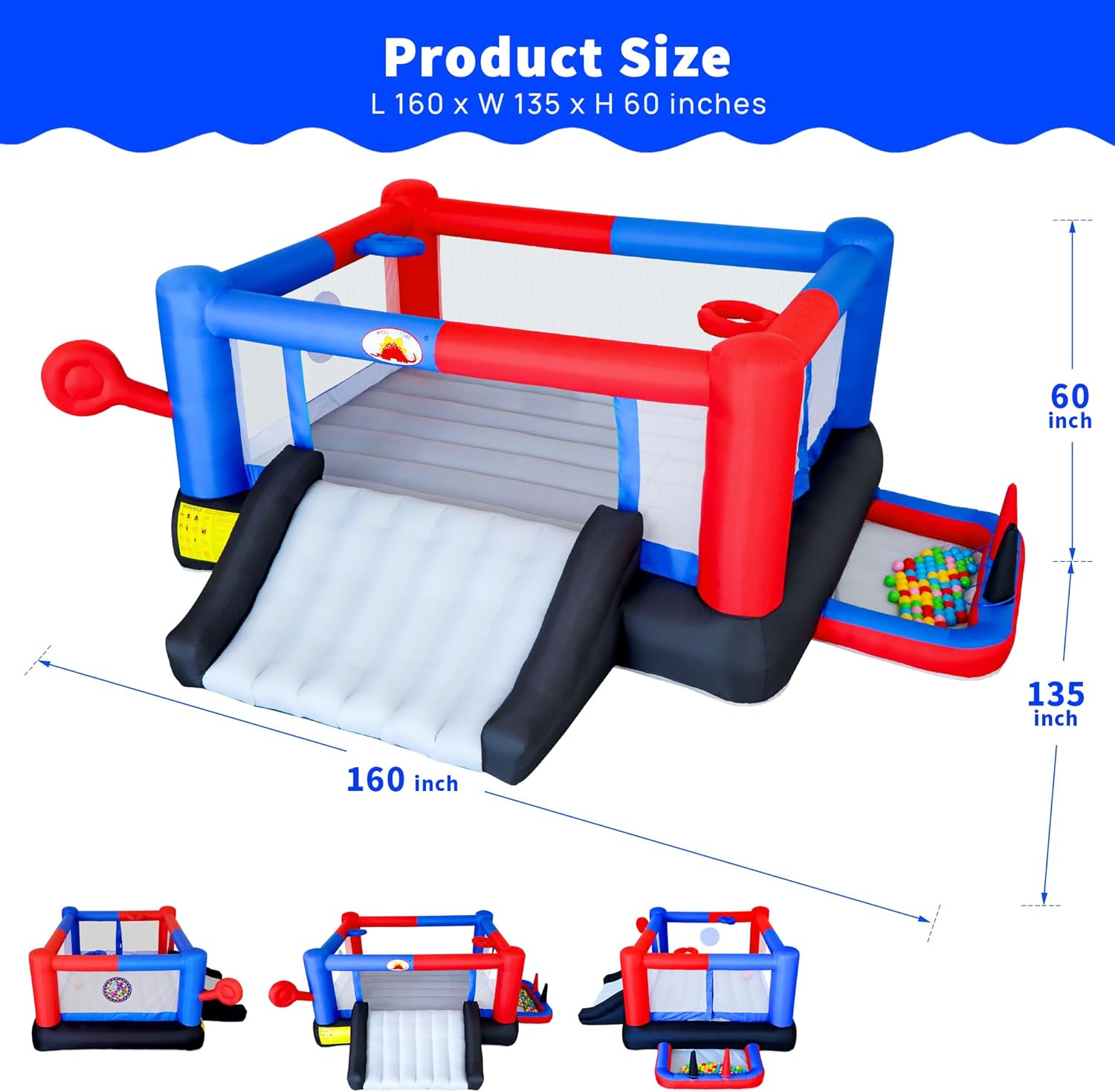 Inflatable Bounce House with Slide, 160 x 138 x 60 Inch Bouncer with Air Blower, 7 in 1 Jumping Castle for 4 Kids, Ball Pit, 2 Basketball Hoops, Ringtoss, Dartboard