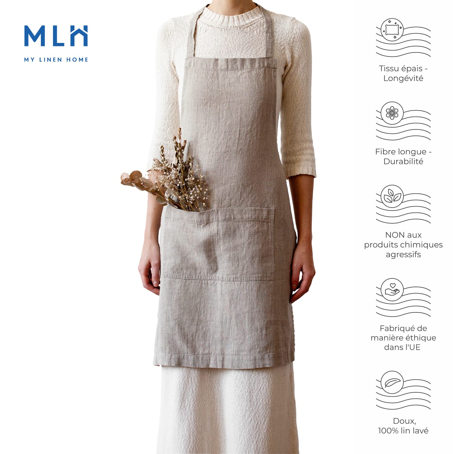 Tablier en Lin - 100% Lin Délavé | Tablier de Cuisine Femme et Homme | Tablier Cuisine avec Deux Poches | Taille ajustable | Nature