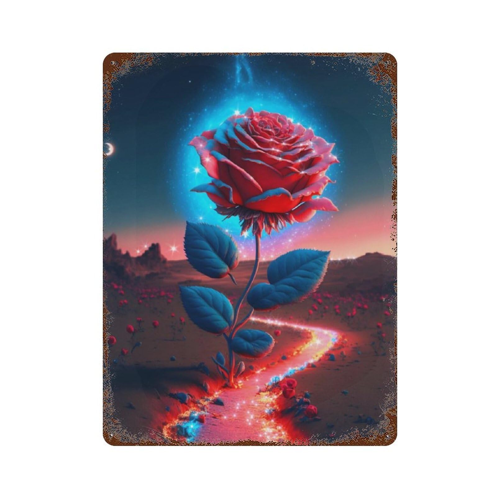 Decorative Tin Sign with Enchanted Glowing Rose Pathway Design 15.7"x11.8", for Basement, Hobby Room And Garage Decor, Rustic Home Decor