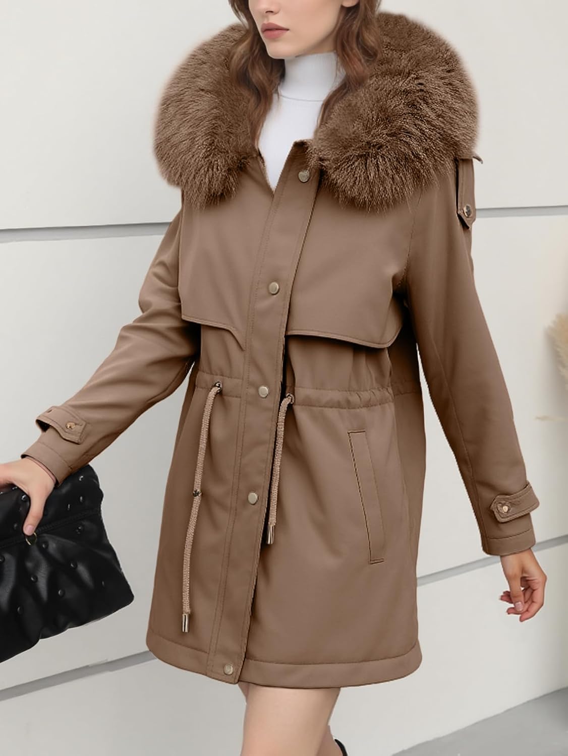 Women Warm Thicken Winter Parka Coat Fleece Lined Military Full-Zip Jacket Casual Overcoat with Fur Hood - Image 2