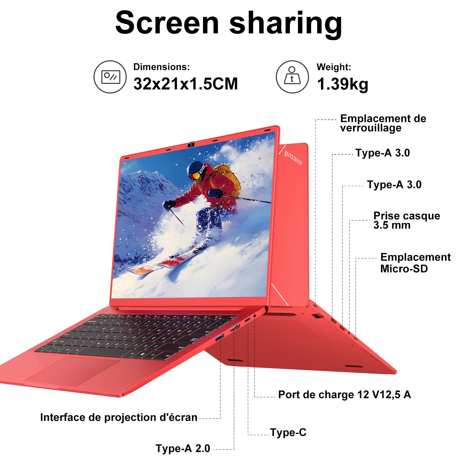 Ordinateur Portable 14 Pouces Celeron N5095 (jusqu'à 2,9 GHz) Win11 8Go 256Go SSD Extension1To 5G WiFi 1920x1080HD PC Portable avec Souris sans Fil QWERTY Clavier avec AZERTY Membrane Clavier-Rouge-13