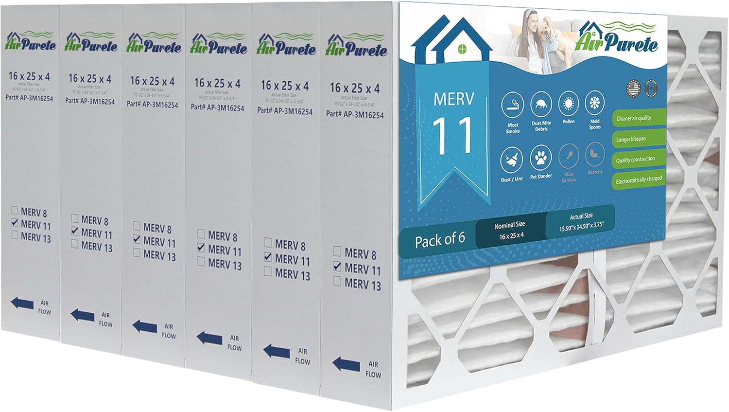 16x25x4 HIGH CAPACITY Furnace Filter | AirPurete AP- 3M16254 | Actual Size 15 1/2" x 24 1/2" x 3-3/4" | MERV 11 | Pack of 6