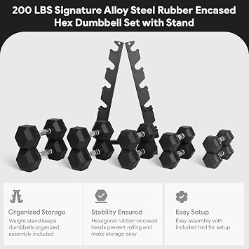 BalanceFrom Rubber Coated Hex Dumbbell Set with A-Frame Rack, Black Solid Cast Iron Home Gym Weights with Chrome Handles for Full-Body Strength Training and Muscle Toning