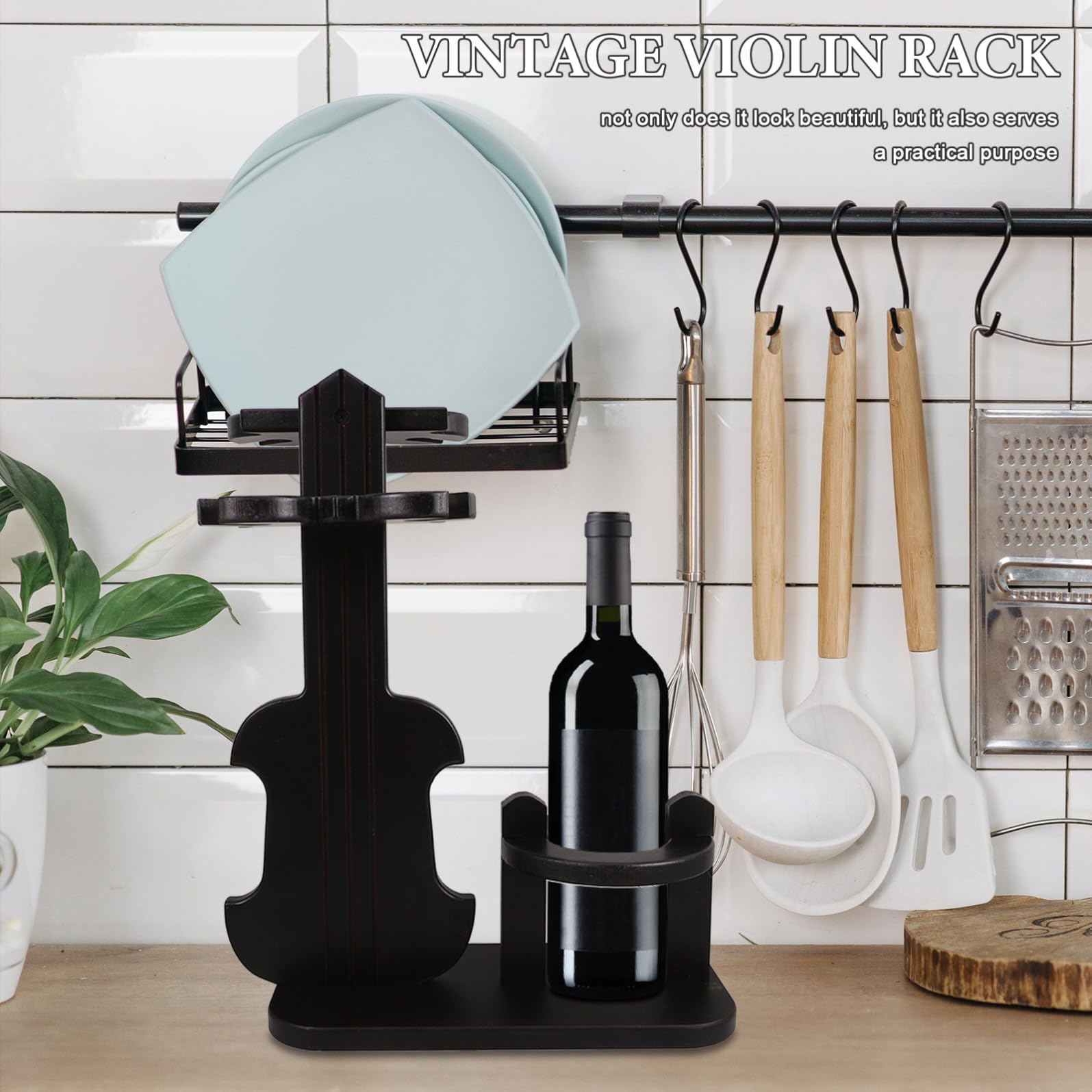SECFOU Wine Rack Portabottiglie in Legno Forma di Violino con Portacalici Capovolti per Cucina Soggiorno Bar Arredamento Decorativo per Appassionati di Vino