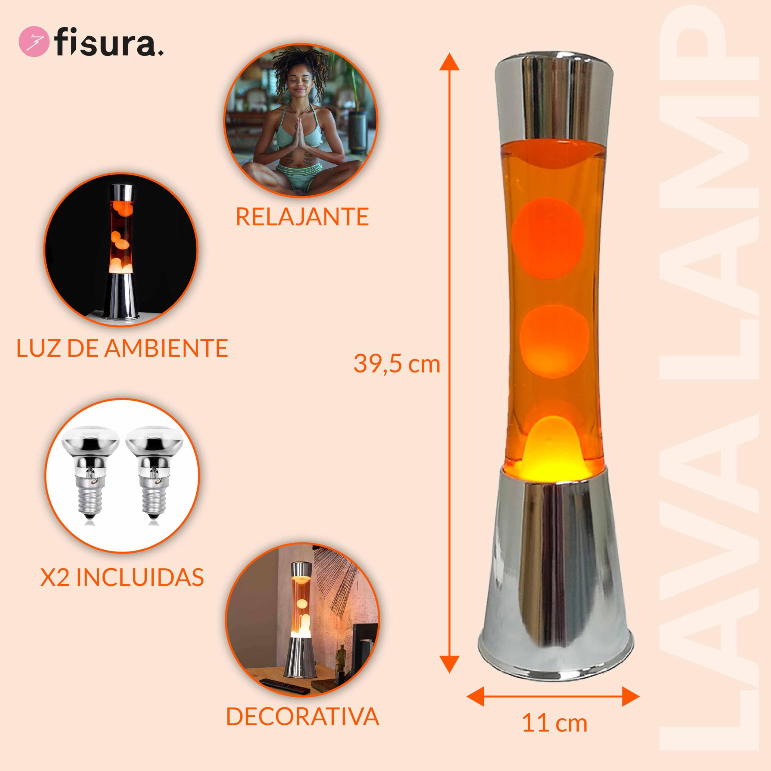 Fisura - Lámpara de lava naranja. Base plateada cromada, líquido y lava naranja. Lámpara efecto relajante. Con bombilla de repuesto. 11 cm x 11cm x 39,5 cm.…