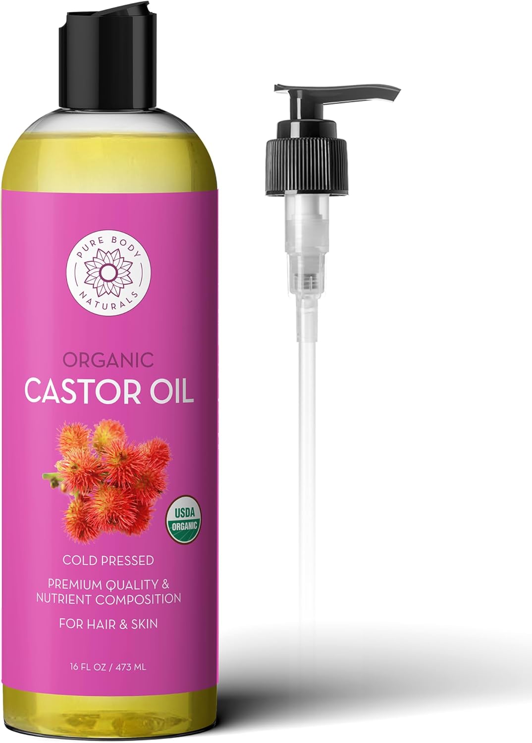 Pure Body Naturals Castor Oil for Face, Hair Growth, Skin, and Body – Cold Pressed Organic Castor Oil Aceite De Ricino Hexane Free Unrefined – 16 fl oz