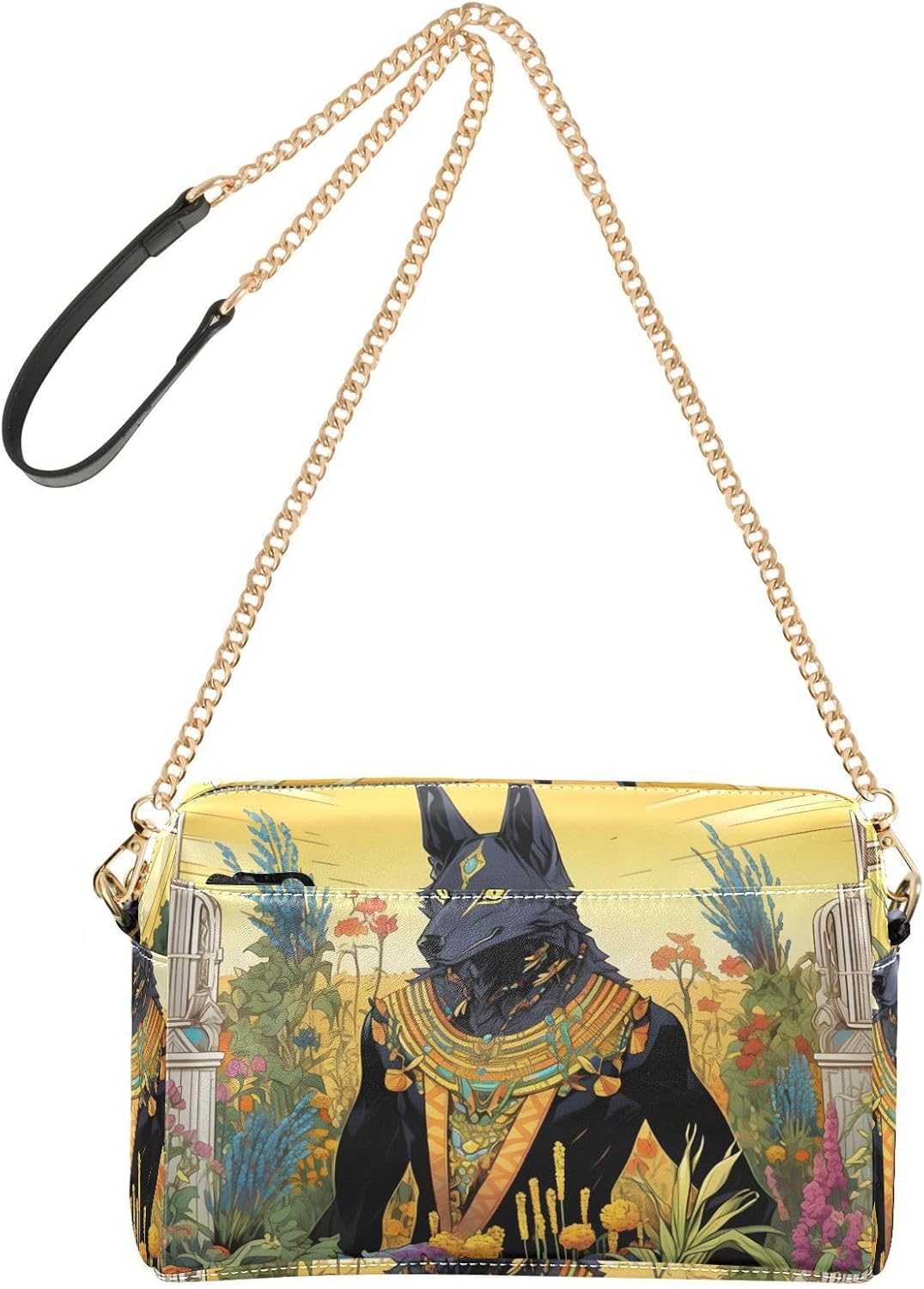 Women Crossbody Bag Shoulder Handbag Cellphone Purse Cartoon Anubis Print, PU Leather Metal Chain Strap Water Resistant Zipper Closure
