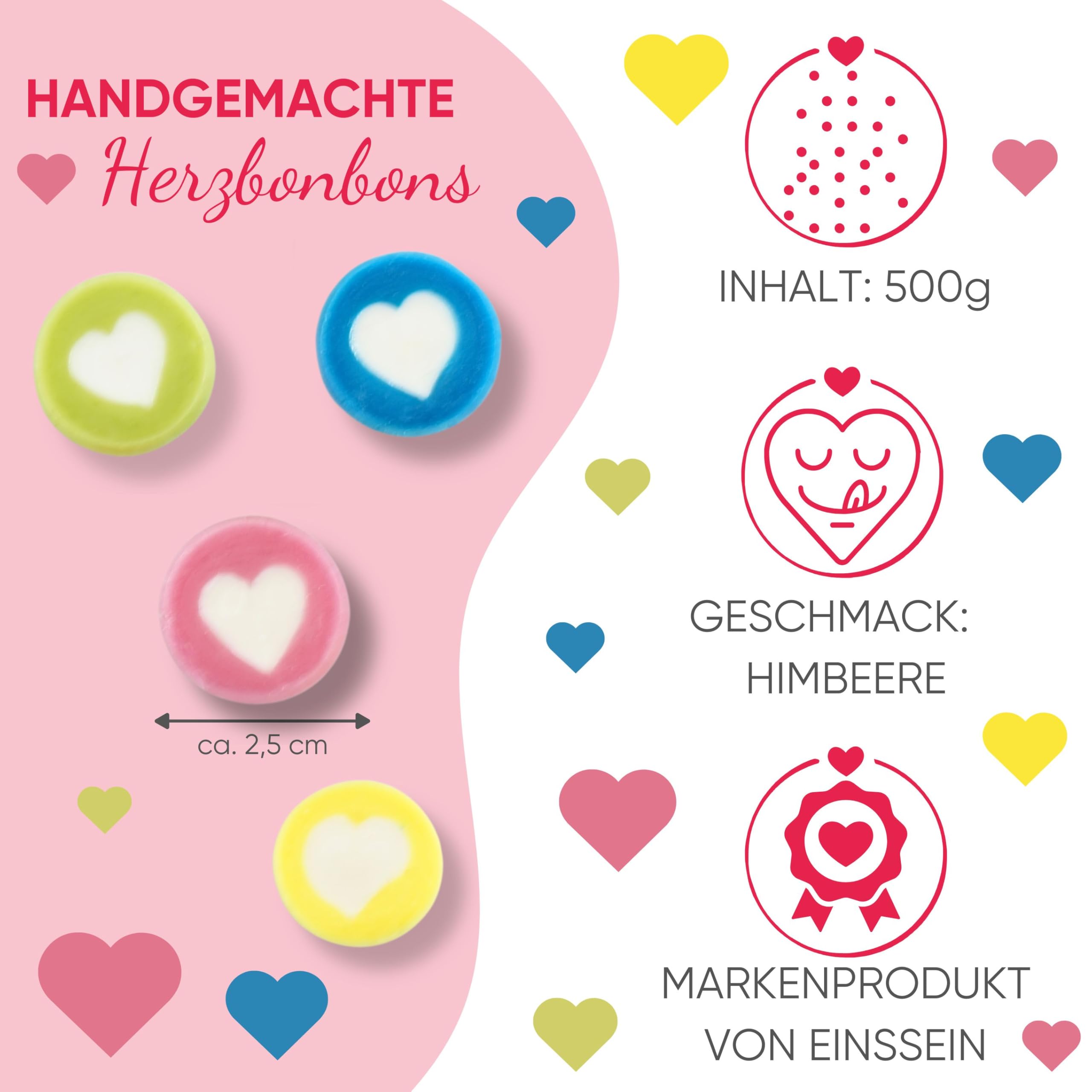 EinsSein Herzbonbons bunt 5 kg | Handgemachte Rocks Bonbons | Süßigkeiten & Gastgeschenke für Kindergeburtstag Ostern Taufe Kommunion Konfirmation Jugendweihe | Mitgebsel & essbare Tischdeko