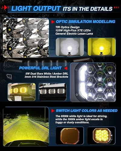 Miniatura 4 de BraveWAY Luces de conducción LED cuadradas de 5 x 7  125 W 19800 lm con cubiertas amarillas DRL, salida de haz combinado de inundación puntual