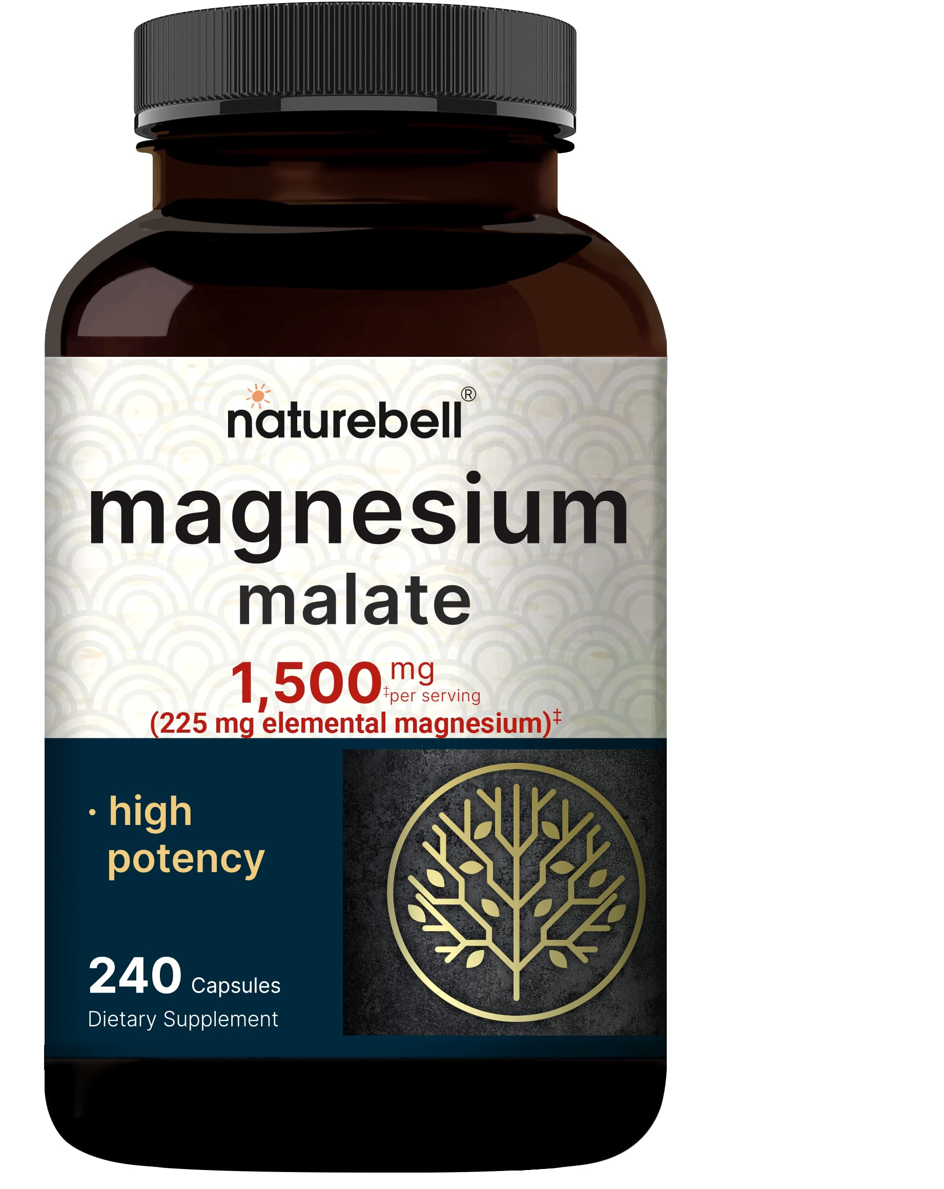 NatureBell Magnesium Malate 1,500mg, 240 Capsules | Chelated for High Absorption | Energy & Nervous System Support | Non-GMO, Gluten-Free