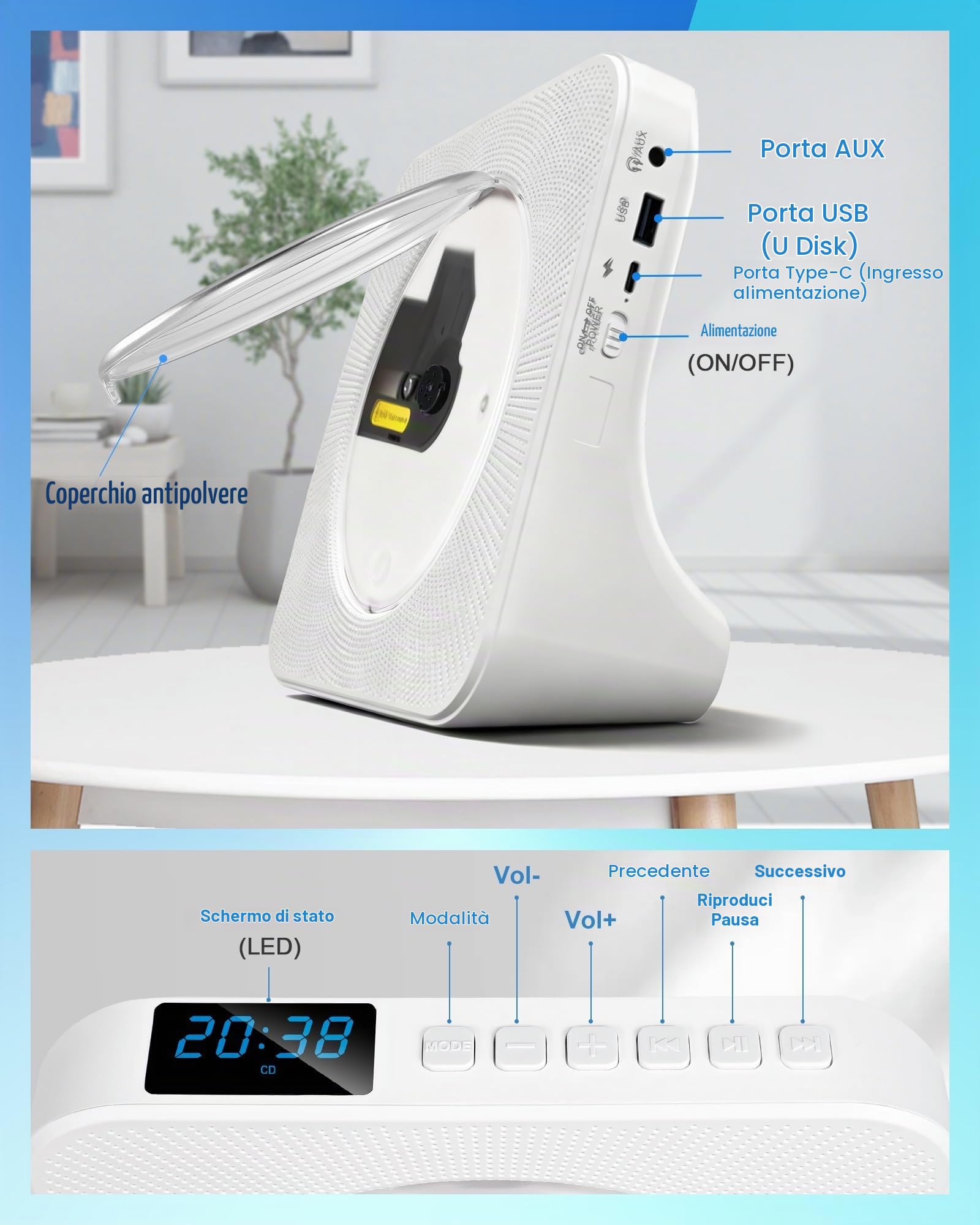 Lecteur CD rechargeable portable 4000mAh, lecteur CD stéréo avec Bluetooth | AUX, radio FM, USB, lecteur CD de bureau avec télécommande, couvercle poussière, écran LED
