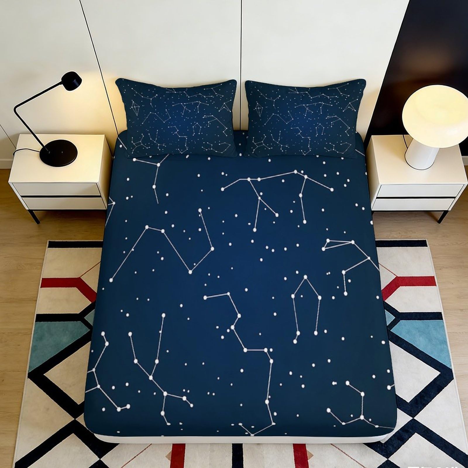 3D Printed Constellation Pattern Fitted Sheet Microfiber Soft Navy Blue Star Map Mattress Cover for Bedroom Dorm Easy Care 90x200x25cm