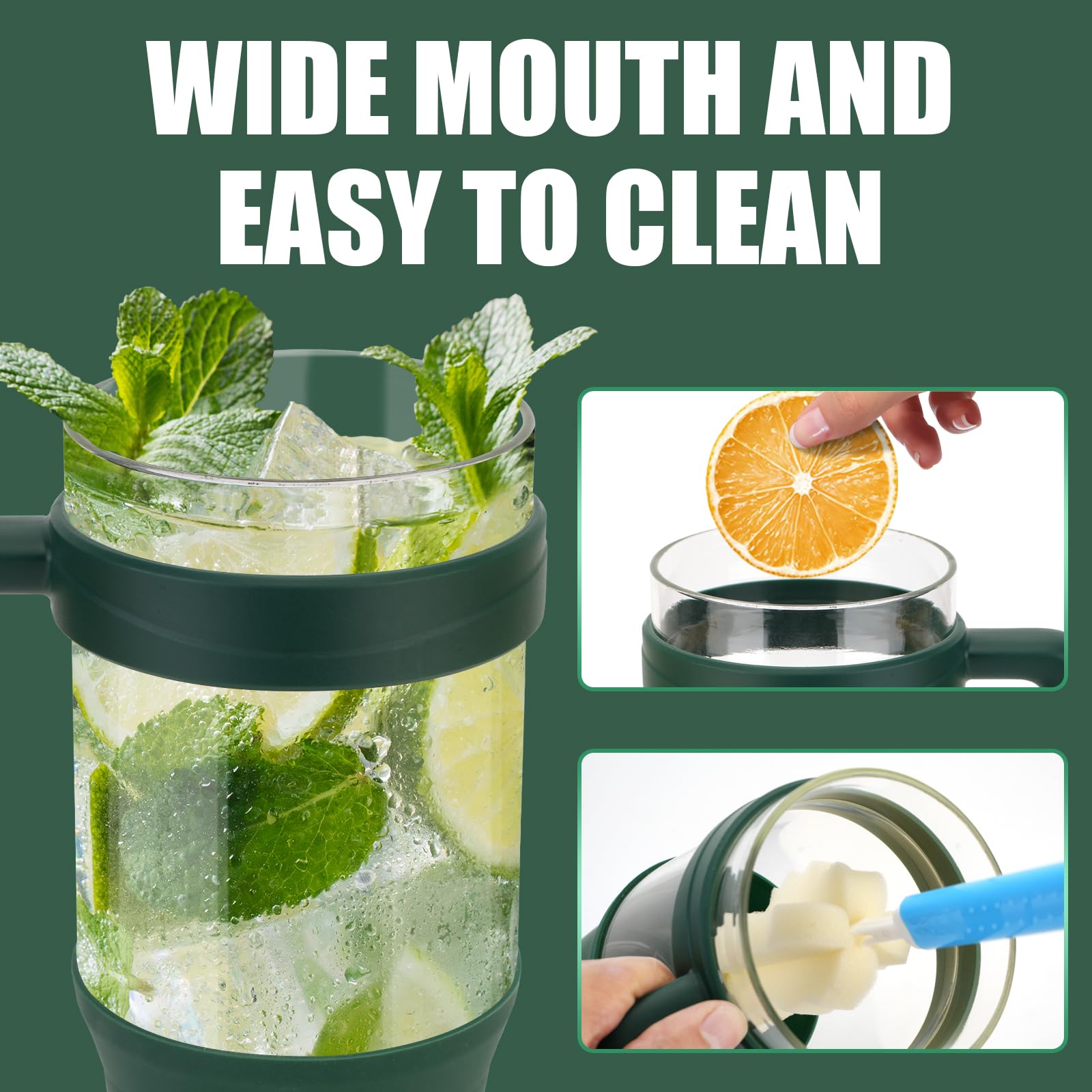 Tronco 40 oz Glass Tumbler with Straw and Lid, Leak-proof Flip Straw, Reusable Glass Tumbler with Handle, Iced Coffee Cup with Plastic Lid, Glass Water Bottles Fit in Cup Holder,Smoothie Cup Boba Cup