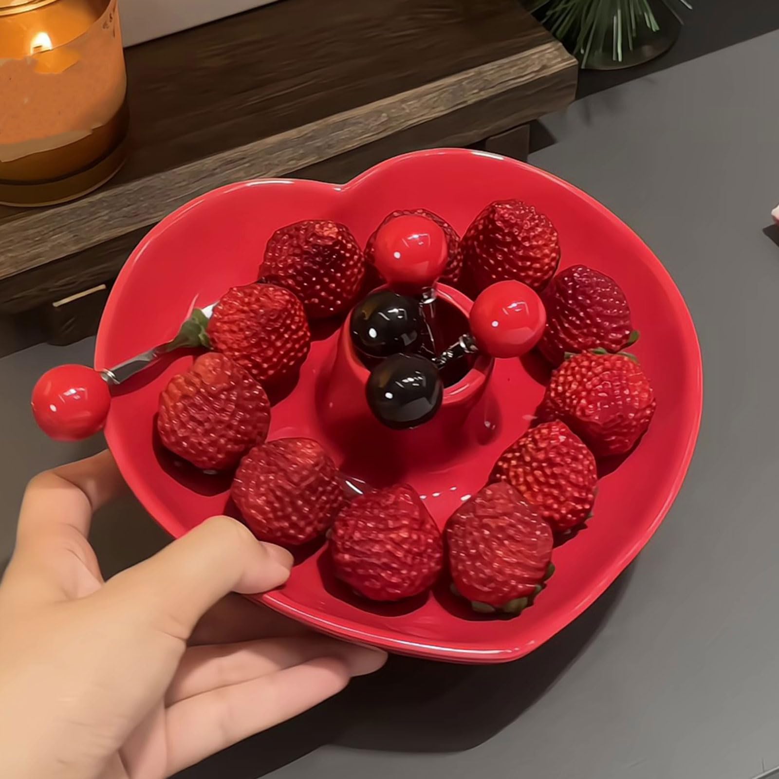 Joli Bol À Fruits en Forme De Cœur avec 5 Fourchettes À Fruits en Acier Inoxydable - Adorable Fourchettes À Dessert Fromage, Idée Cadeau pour Anniversaires Maison