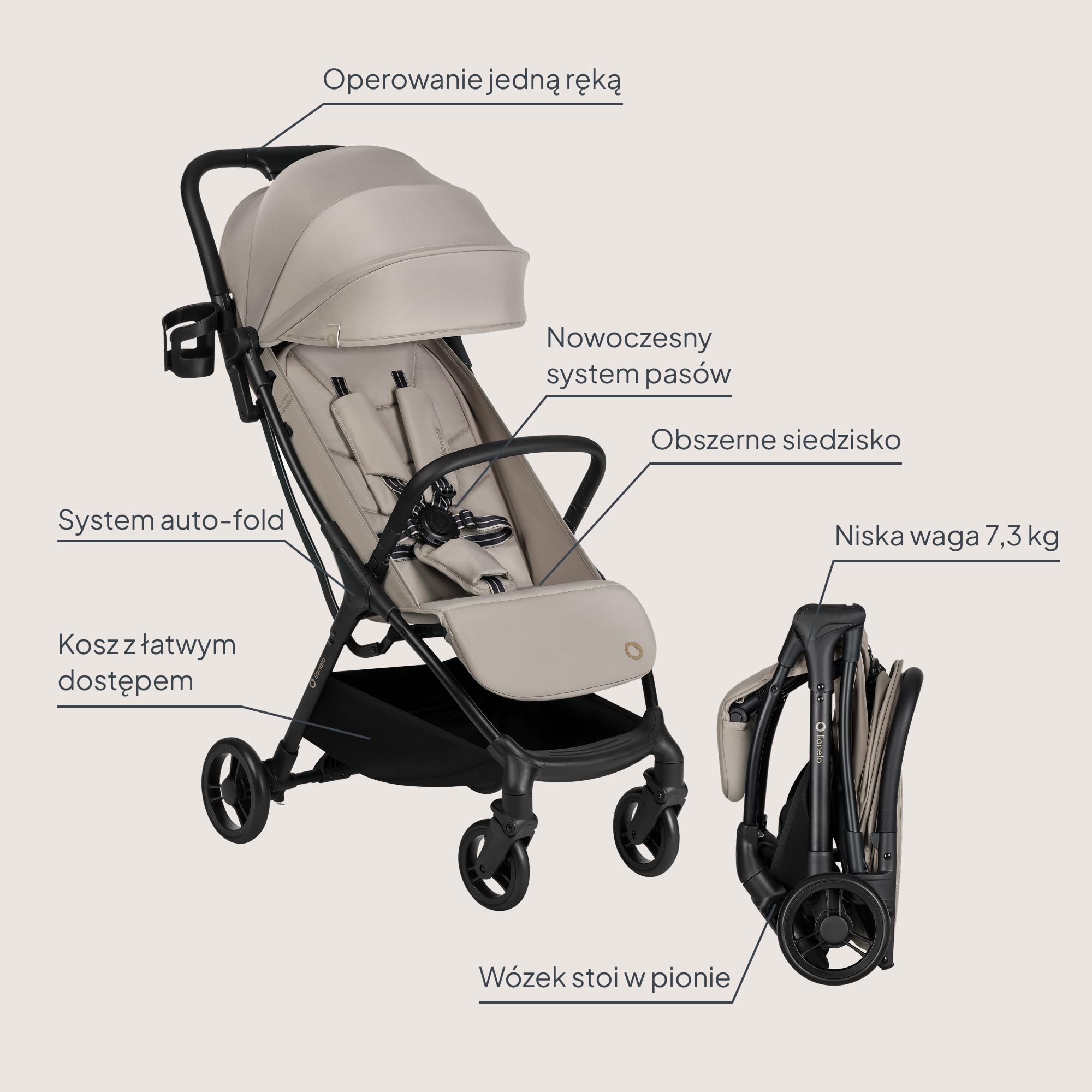 Lionelo Agia wózek podróżny do 22 kg, lekki wózek dziecięcy od 6 miesięcy, mały, składany, z funkcją automatycznego składania jedną ręką, funkcja leżenia, duża powierzchnia do siedzenia, zawieszenie