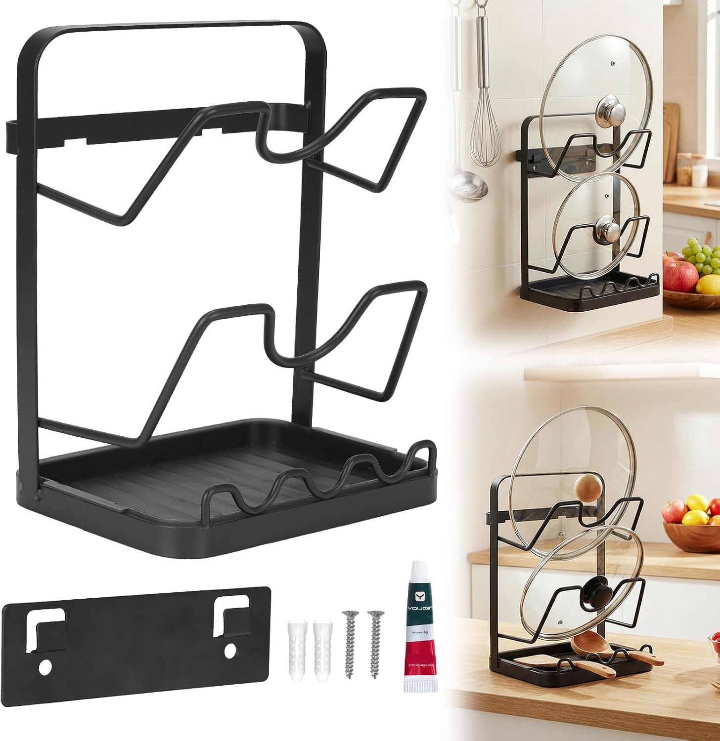 Kitchen Pot Lid Storage Rack, Carbon Steel Pot Lid Holder while Cooking, Kitchen Pot Lid Storage Rack for Stove Top, Multifunctional Countertop Pot Lid Organizer with Removable Tray & Spoon Rest