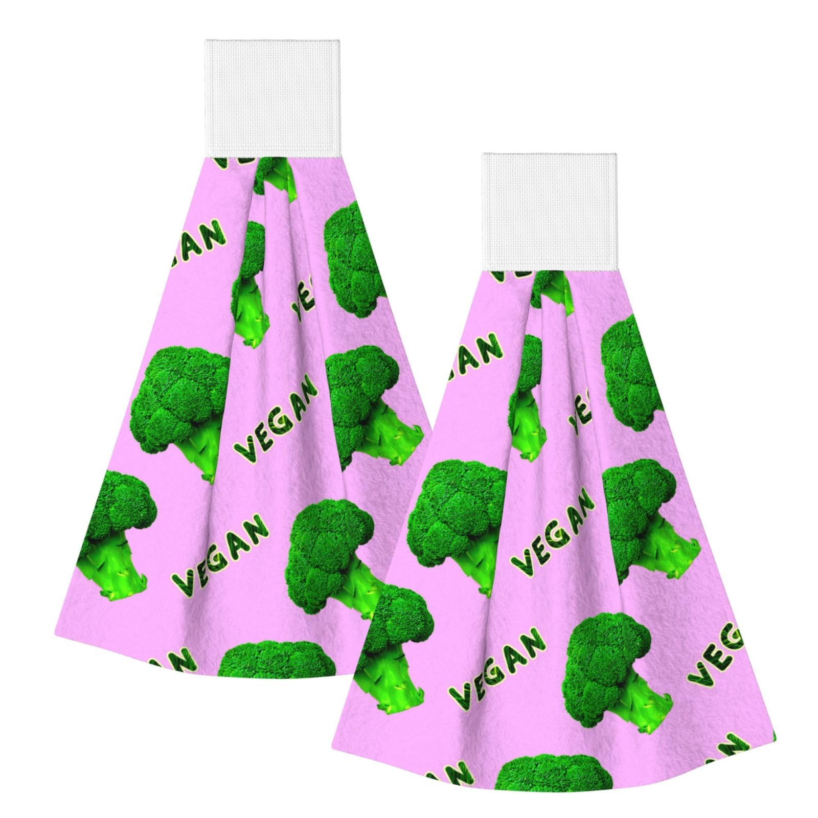DOPKLNA Broccoli Vegan Green Pink, 2 Pcs Hanging Coral Fiber Hand Towels for Bathroom, Absorbent Kitchen Towels