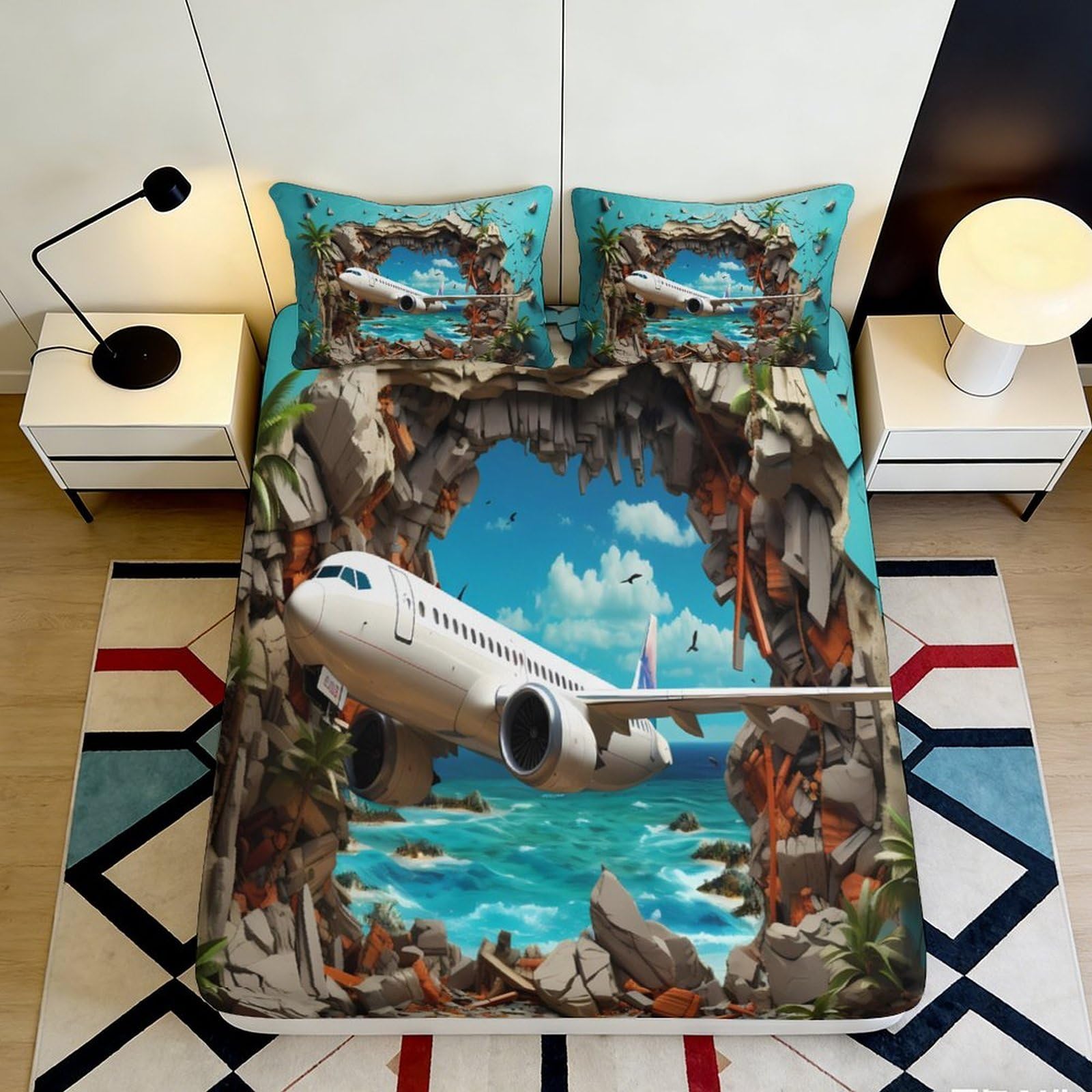 Pnayamiorkfel Style-10 3D Printed Airplane Ocean View Fitted Sheet Microfiber Soft Anti-Slip Scenic Bed Cover For Bedroom Dorm Mattress Protection 90X200x25cm