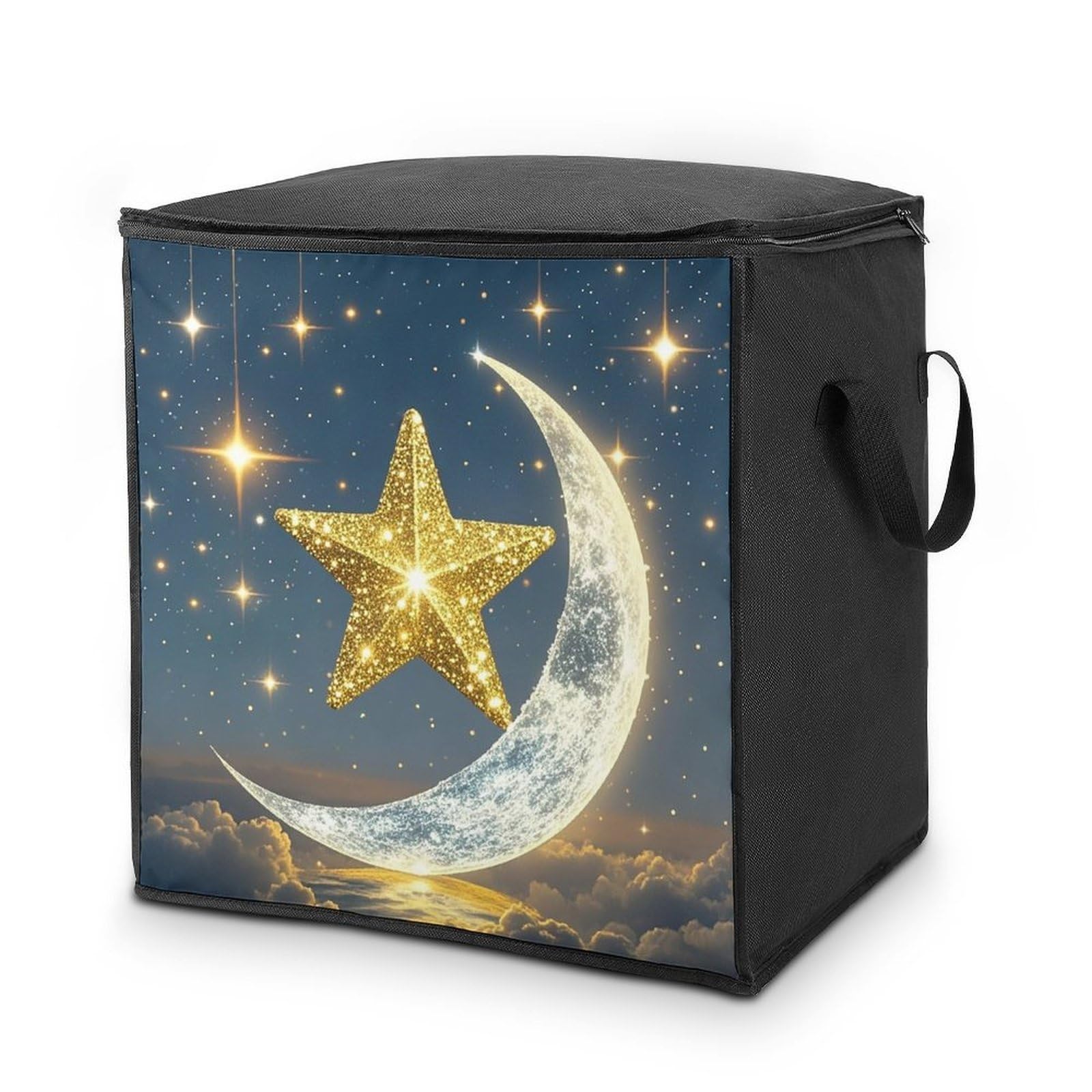 Golden Stars And Moon Storage Bag with Zippers And Handle Extra Large Bedding Comforter Storage Bag Foldable Blanket Storage Bags Fabric Moving Bags for Closet Organizer (70L)